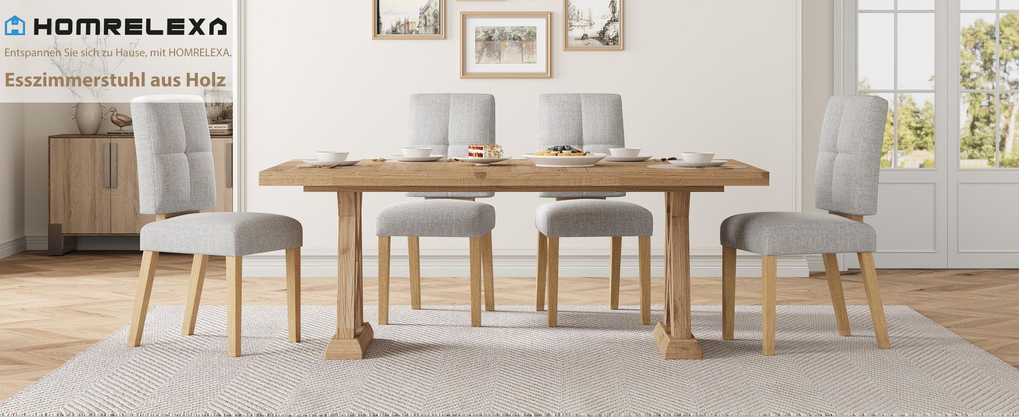 Stuhl Holz-Esszimmerstühle, 2er-Set Grau, Polsterstuhl, Extra dickes Sitzpolster für hohen Sitzkomfort