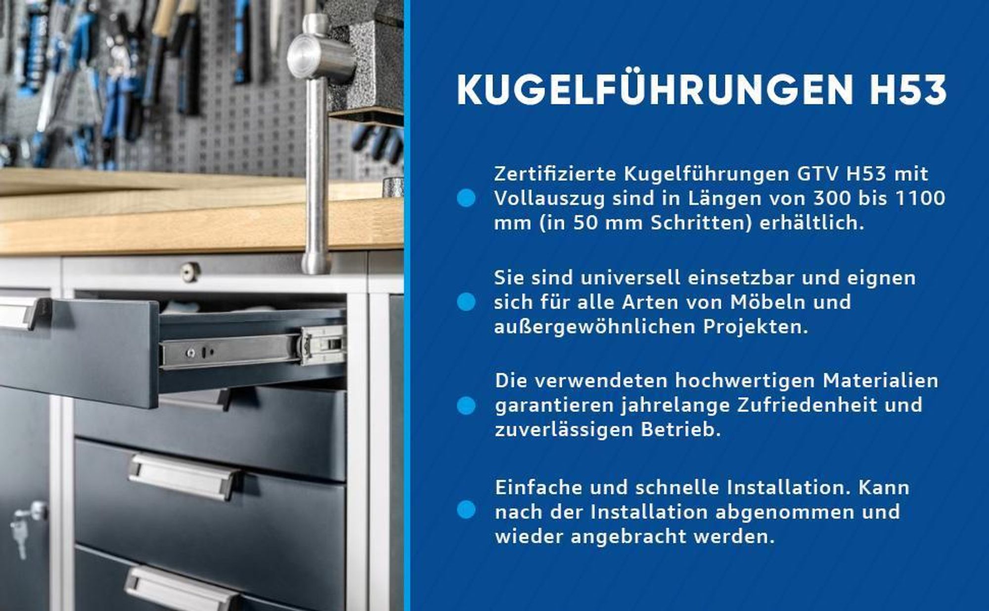 GTV H53 Schubladenschienen Vollauszüge Schubladenauszüge - 53.9 x 750 mm - 2 mm Starken Verzinkt Stahl - Rollenauszug Teleskopschiene Kugelführung - Schienensystem Belastbar bis 100 Kg 1 Set= 2 Stück