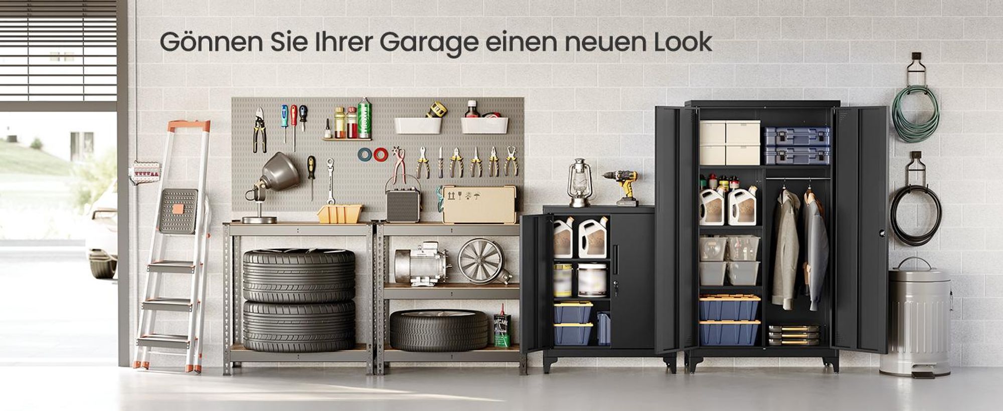 SONGMICS Metallschrank mit Hängestange, 2 Türen, 5 Fächern, abschließbar, hohe Füße, schwarz