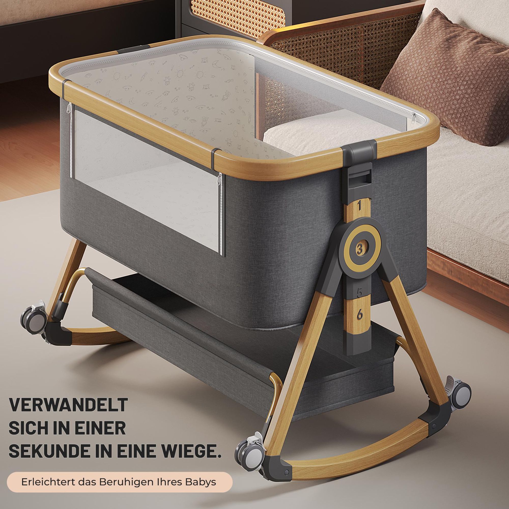 OYAJIA Beistellbett 3 in 1 Beistellbett Stubenwagen Babybett Baby-Reisebett 6-stufige Höhenverstellung, mit Rollen, Matratze und Moskitonetz