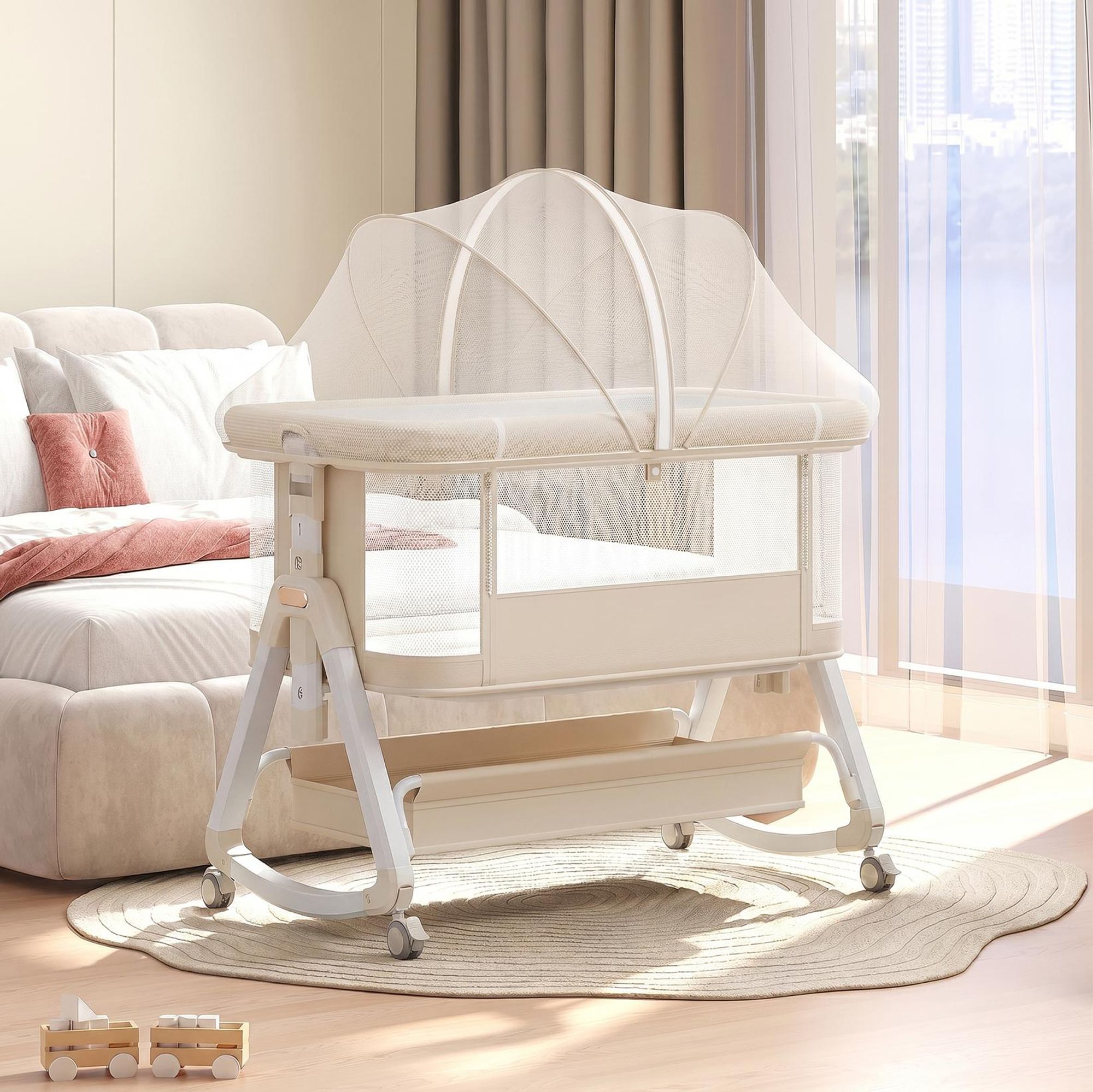 OYAJIA Beistellbett 3 in 1 Beistellbett Stubenwagen Babybett BabyReisebett 6-stufige Höhenverstellung, mit Rollen, Moskitonetz und Matratze