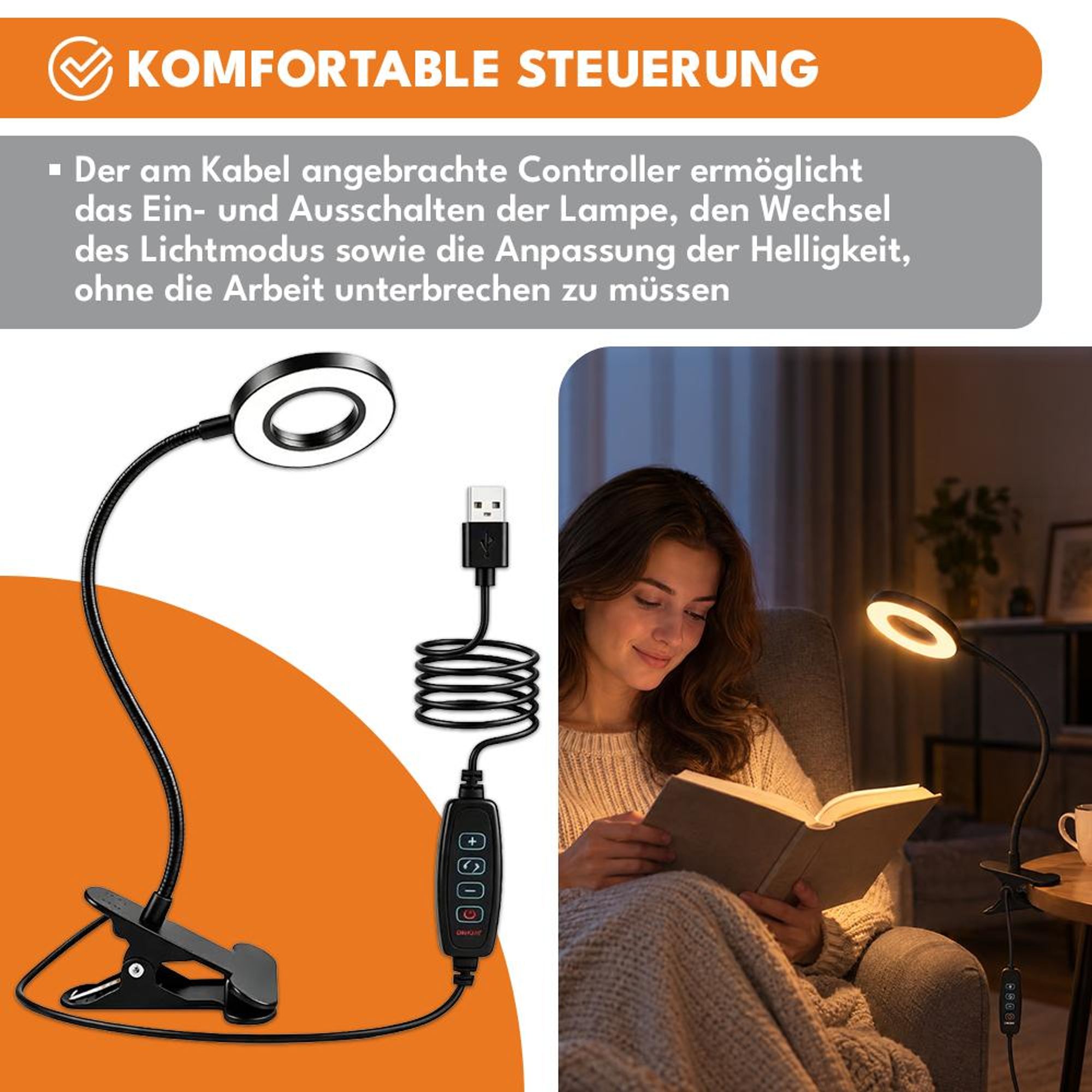 KRUMAD Leselampe, Leselampe mit Klemme, LED Klemmleuchte für Bett und Schreibtisch, 48 LEDs, 3 Lichtmodi, 10 Helligkeitsstufen, USB, Schwarz