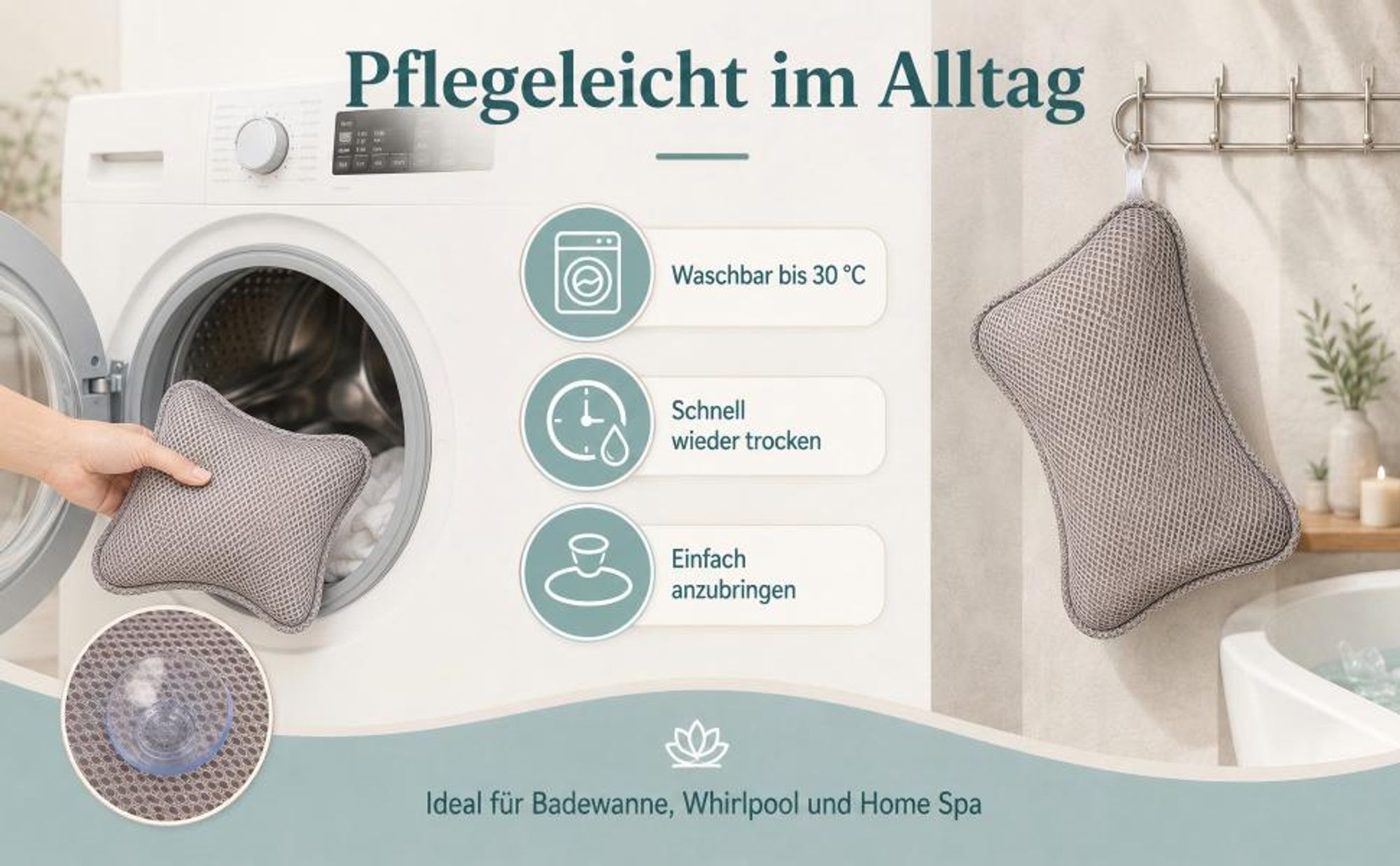 Badewannenkissen, Badekissen, mit 2 Saugnäpfen, Schnelles Trocknen, Einfache Reinigung, aus Memory-Schaum, für Badewanne, Whirlpool & Home Spa