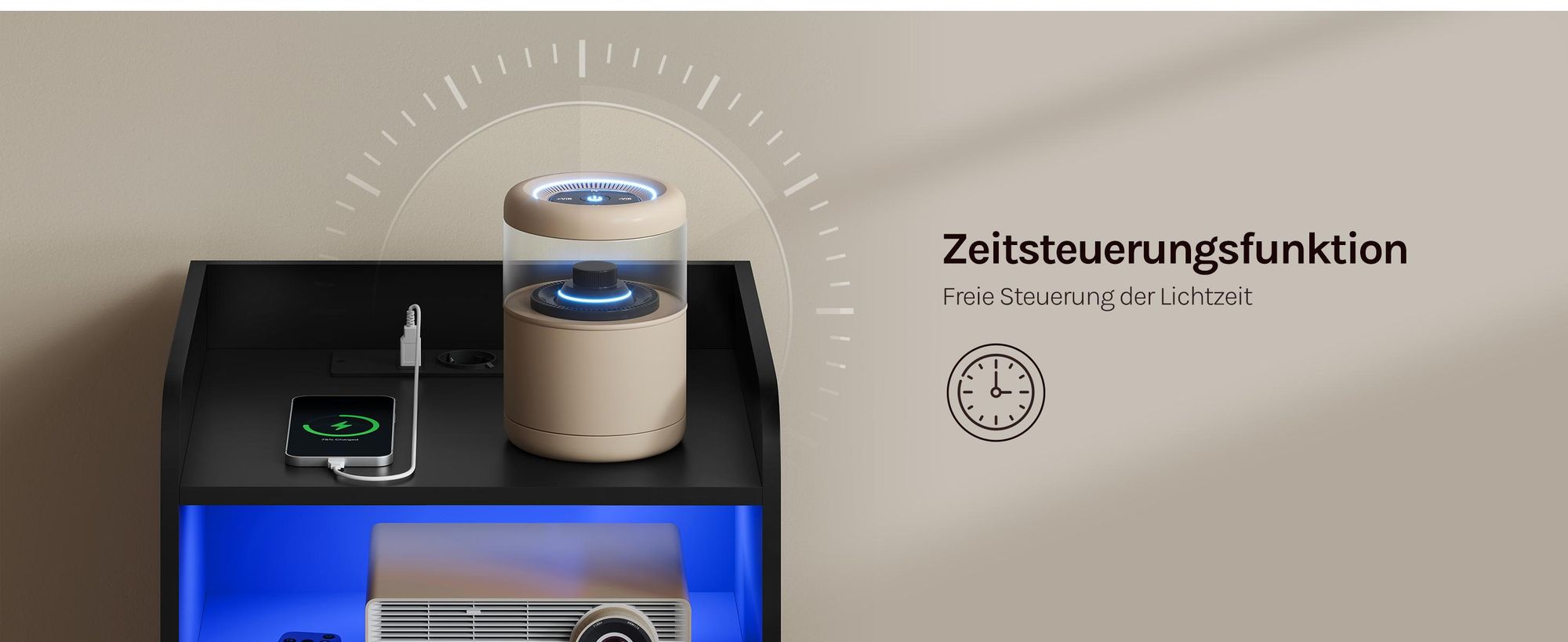 WOLTU Nachttisch Nachtschrank, Ladefunktion LED-Licht, 2 Steckdosen 2 USB, Holz, Schwarz