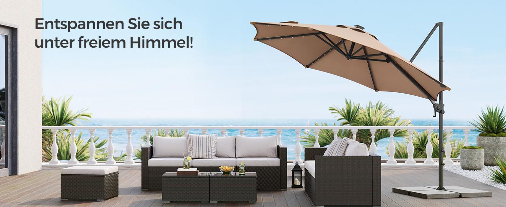 SONGMICS Sonnenschirm, ∅300 cm, 28 Solar-LED-Leuchten, UPF 50+, um 360° drehbar