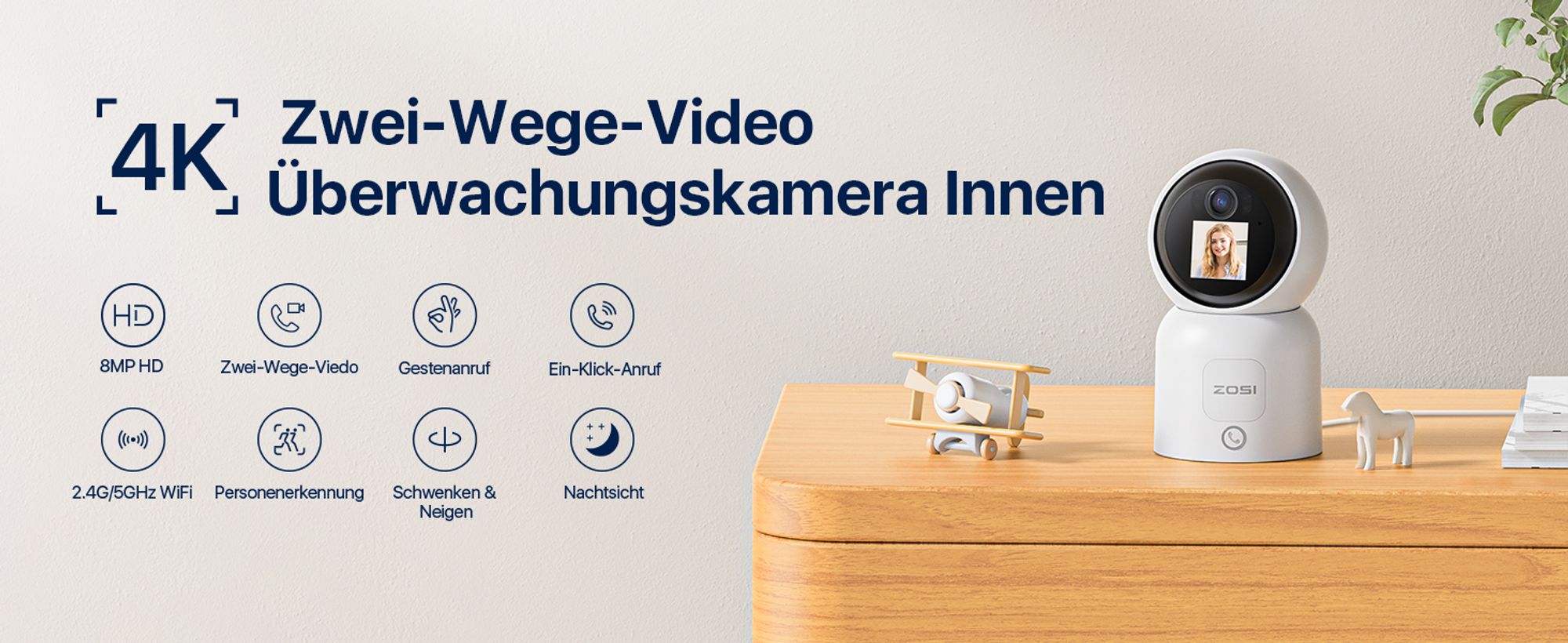ZOSI 4K WLAN Überwachungskamera mit 1,44" Monitor, 8MP Innen Kamera 360° Schwenkbar, 2-Wege-Videoanruf, 2,4/5Ghz WiFi, AI Personenerkennung, C519M