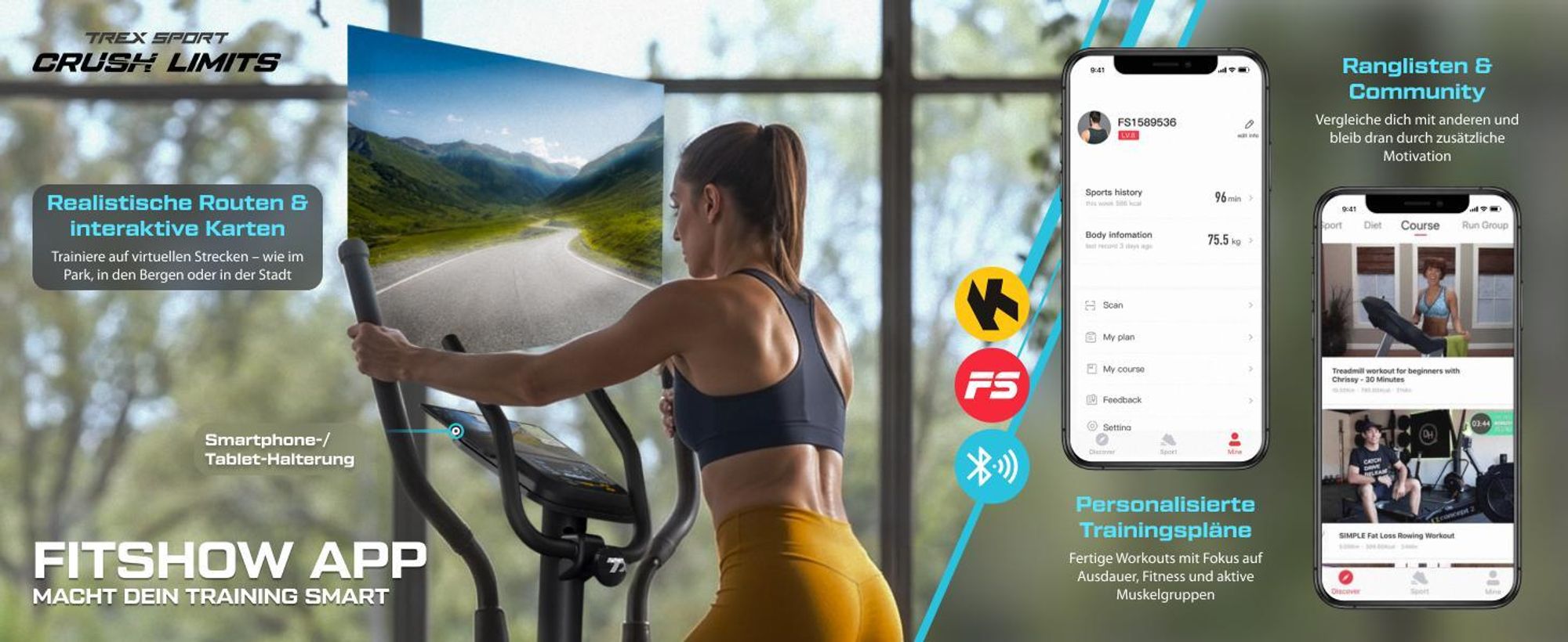 TREX SPORT Crosstrainer für zuhause TX-700ECT STARK | Ellipsentrainer, 32-stufiger Widerstand, Pulssensoren, Bluetooth | Trainingsprogramme, bis 135kg