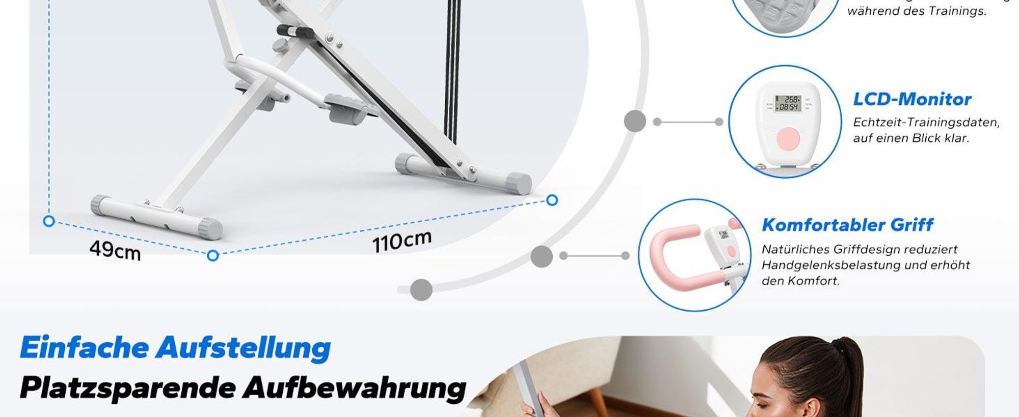 Multifunktionaler Ganzkörpertrainer – Bauch- & Rückentrainer mit 3 Widerstandsbändern, klappbar, LCD-Display, verstellbarer Sitz & Lenker, bis 158 kg