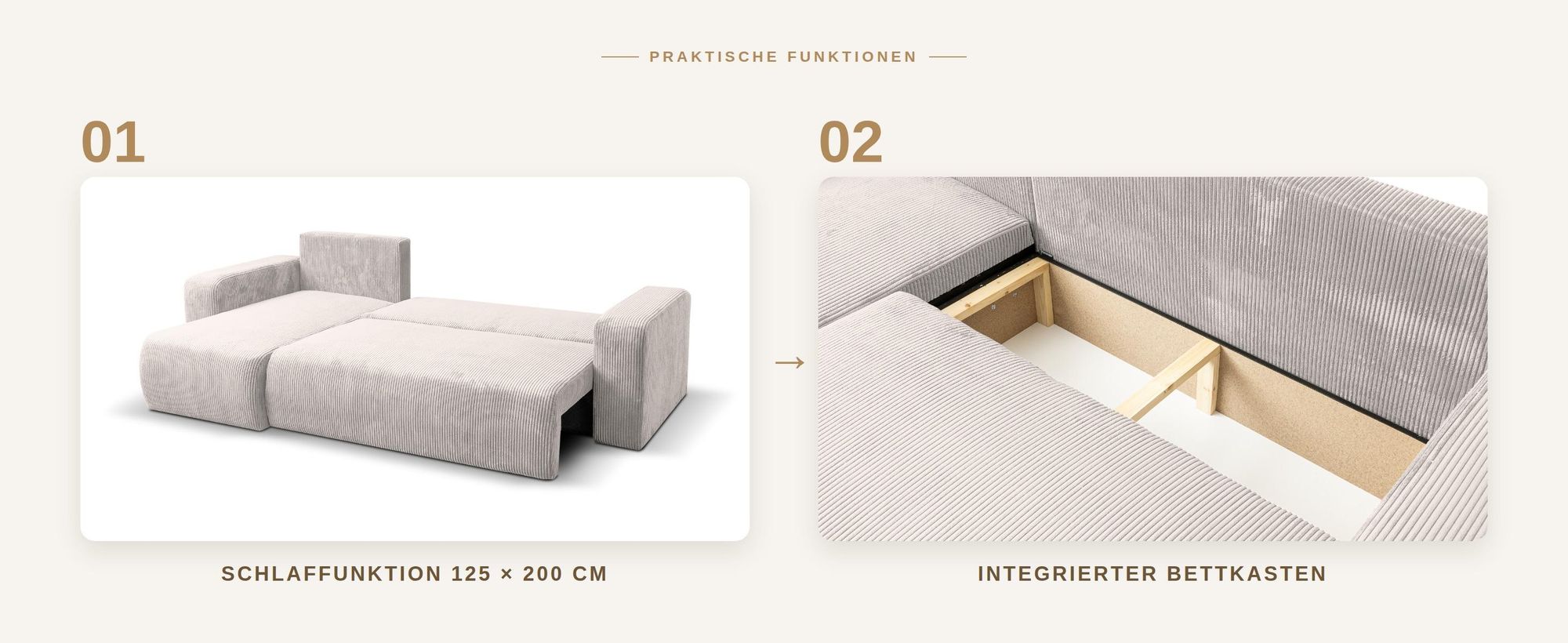 VENASI Ecksofa mit Schlaffunktion Luna L, Schwarz Cordstoff