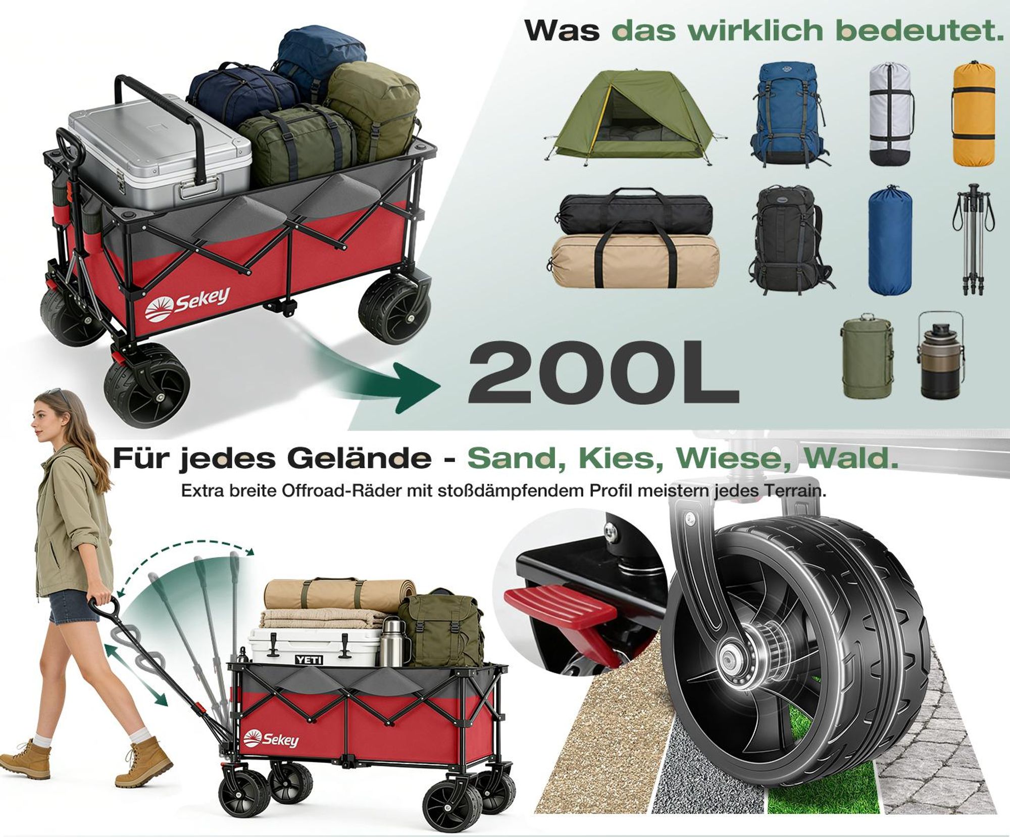 Sekey XXL Plus Bollerwagen Faltbar mit Extra Breite Räder, Faltbollerwagen belastbar 200kg Handwagen Klappbar Transportwagen, Grau und Rot