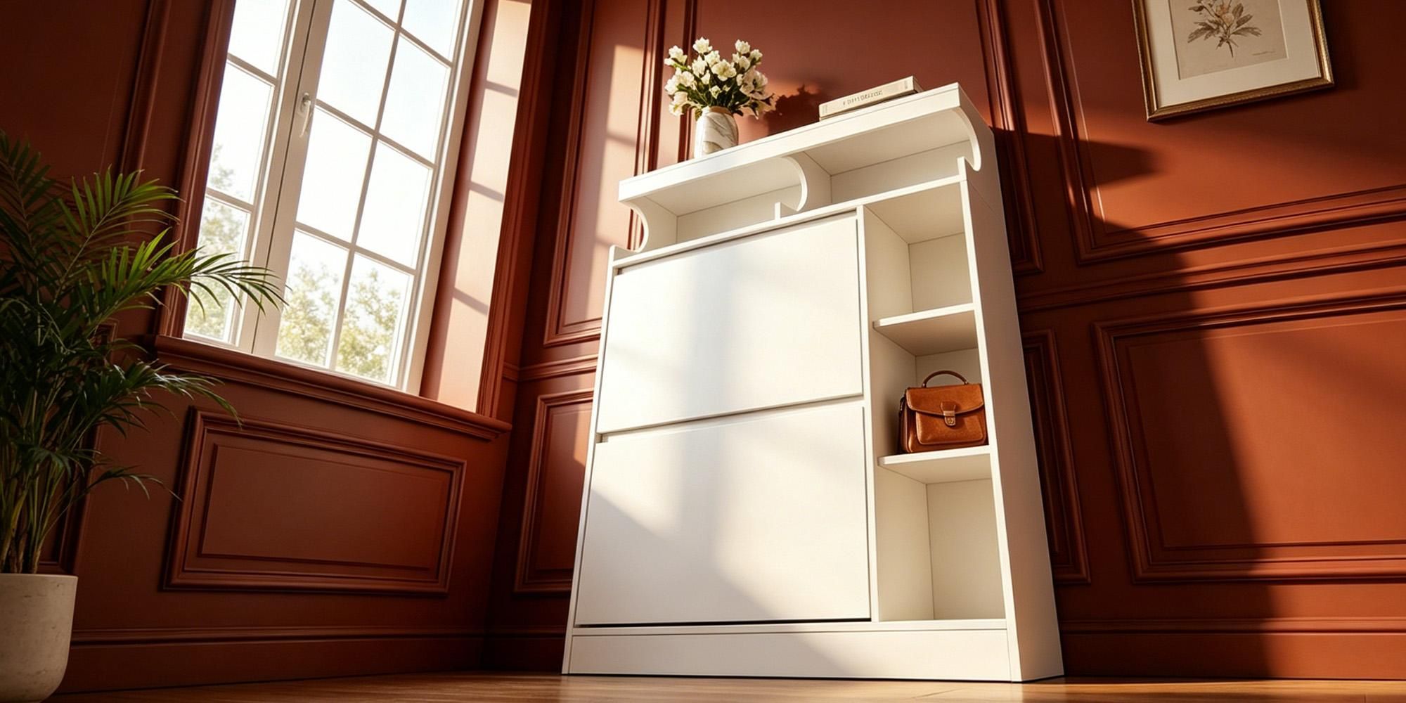 Schuhschrank mit 2 Klappen, 3 Ablagefächer, 2 Geschossig Offen | Schmal Schuhschrank, Trennwand Verstellbar, Platzsparend, 12–15 Paar, für Flur