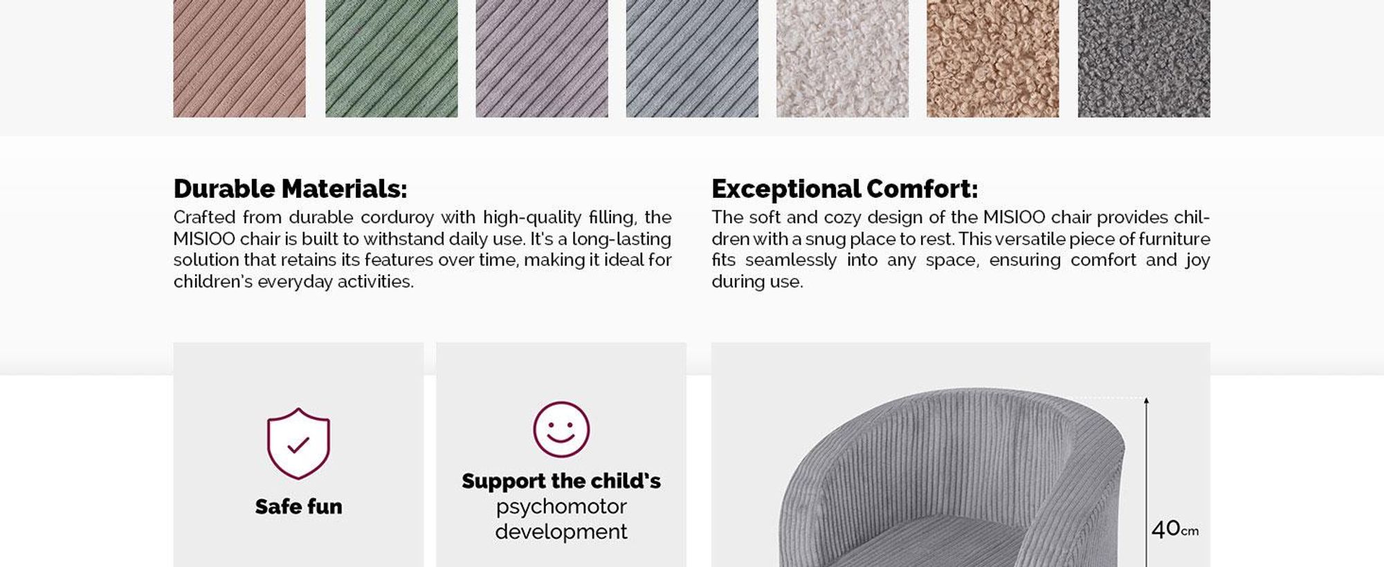 MISIOO Detské kreslo od 1 roka - Detské kreslo Corduroy Premium - stabilné a mäkké - ergonomicky polstrované - 40x53x36 cm