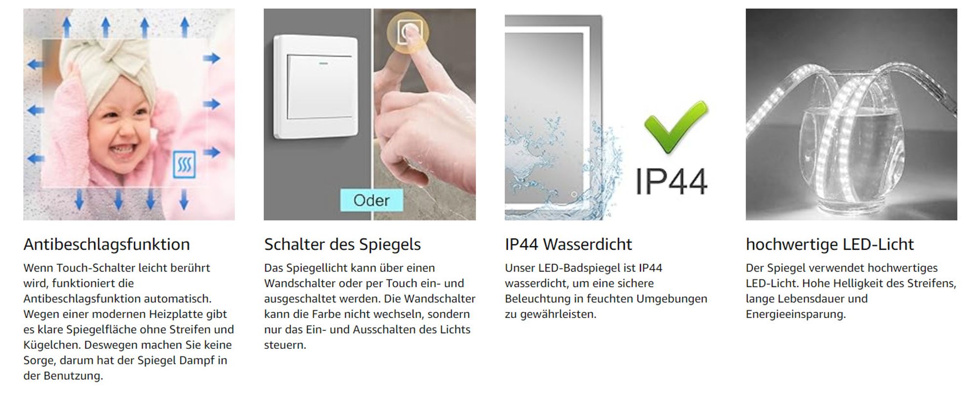 Badspiegel 60x50cm mit LED Beleuchtung - Beleuchtet Wandspiegel Lichtspiegel Badezimmerspiegel -Kaltweiß/Warmweiß/Neutrale [++] mit Touchschalter + beschlagfrei IP44