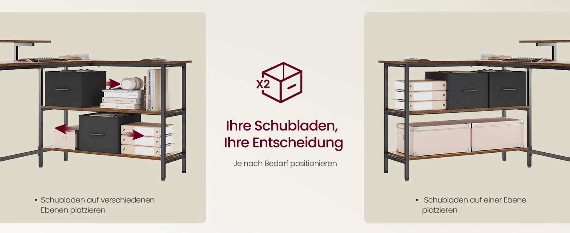 VASAGLE L-förmige Schreibtisch Eckschreibtisch Computertisch mit Schubladen 115cm Vintage