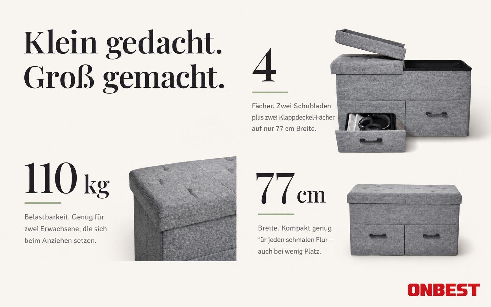 ONBEST Sitzbank mit Stauraum | 2 Schubladen | Grau | 110 kg | 77x40x38 cm (BxHxT) | Leinenoptik | klappbarer Deckel | gepolstert