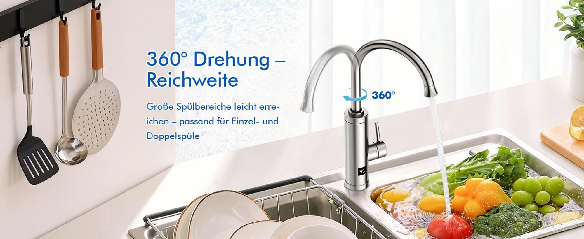 Homelody Elektrischer Wasserhahn mit Durchlauferhitzer, 230V 3300W Elektrischer Küchenarmatur mit LED Temperaturanzeige 360° Drehung SUS304 Edelstahl