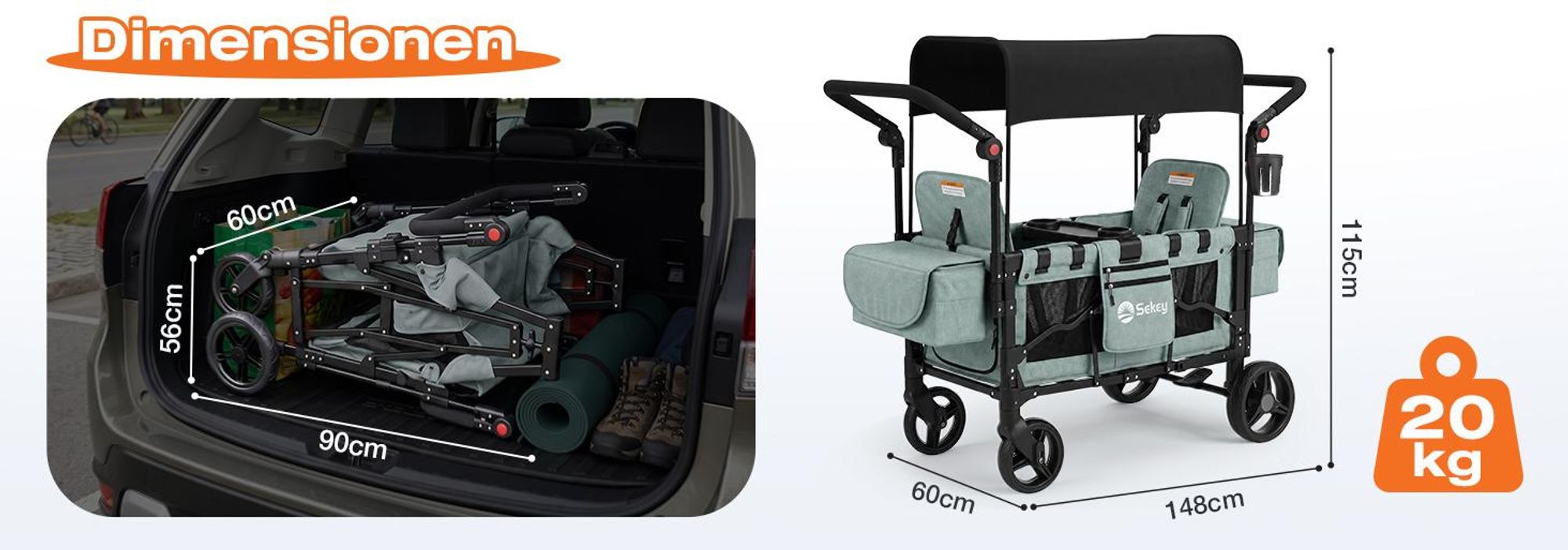 Sekey Bollerwagen Faltbar mit Dach Zwillingsmodus Kinderwagen Doppelsitz mit 2x 5-Punkt-Gurtsystem, Blau