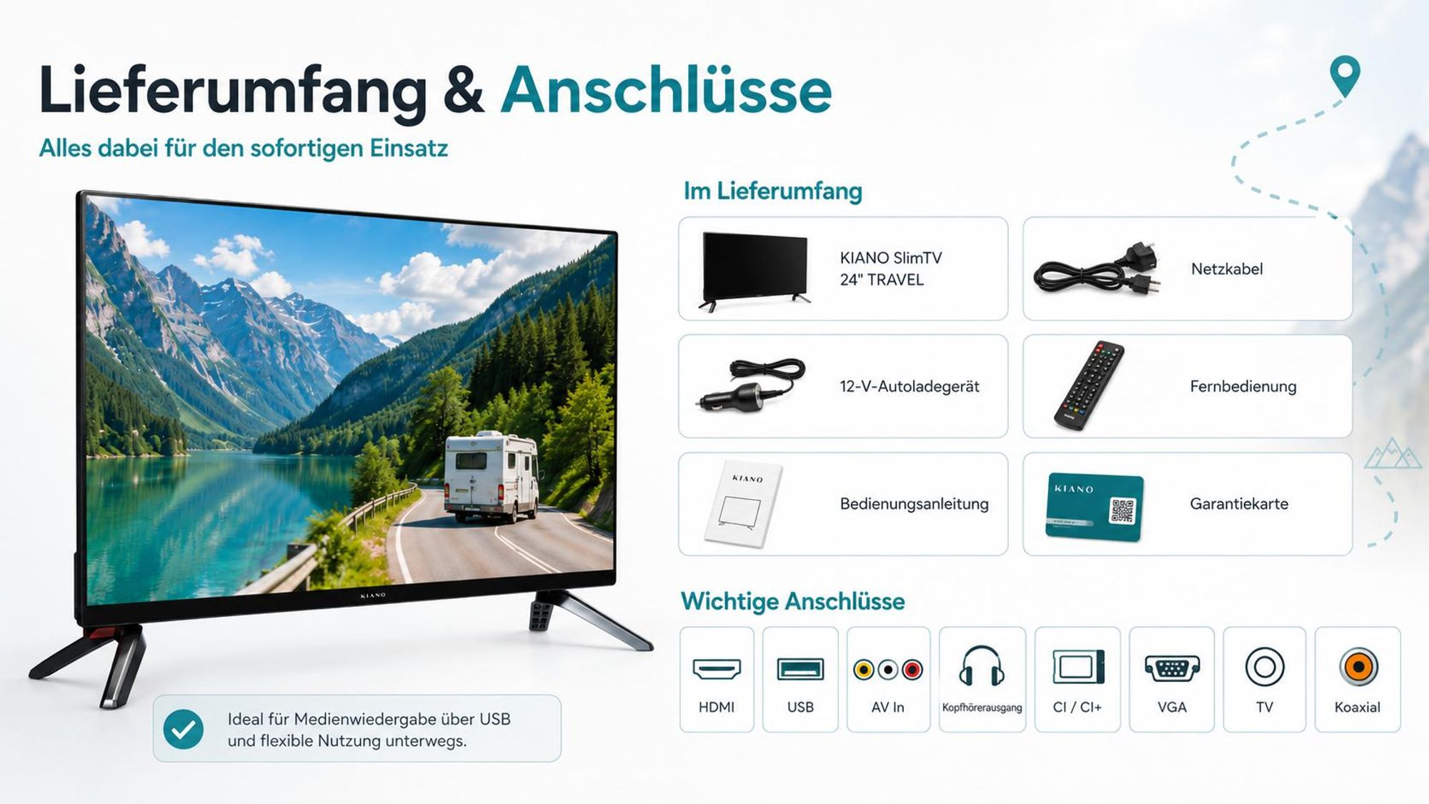 Kiano Slim TV Travel 24 Zoll (61 cm) Fernseher, HD, LED, Triple Tuner DVB-T2, Auto-Ladegerät, HDMI, USB, Dolby Audio