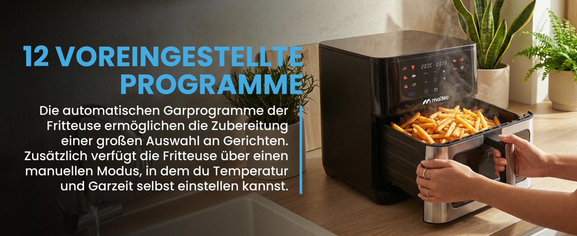 Fritteuse mit 10 Litern Fassungsvermögen, Sichtfenster und 12 Programmen in Schwarz