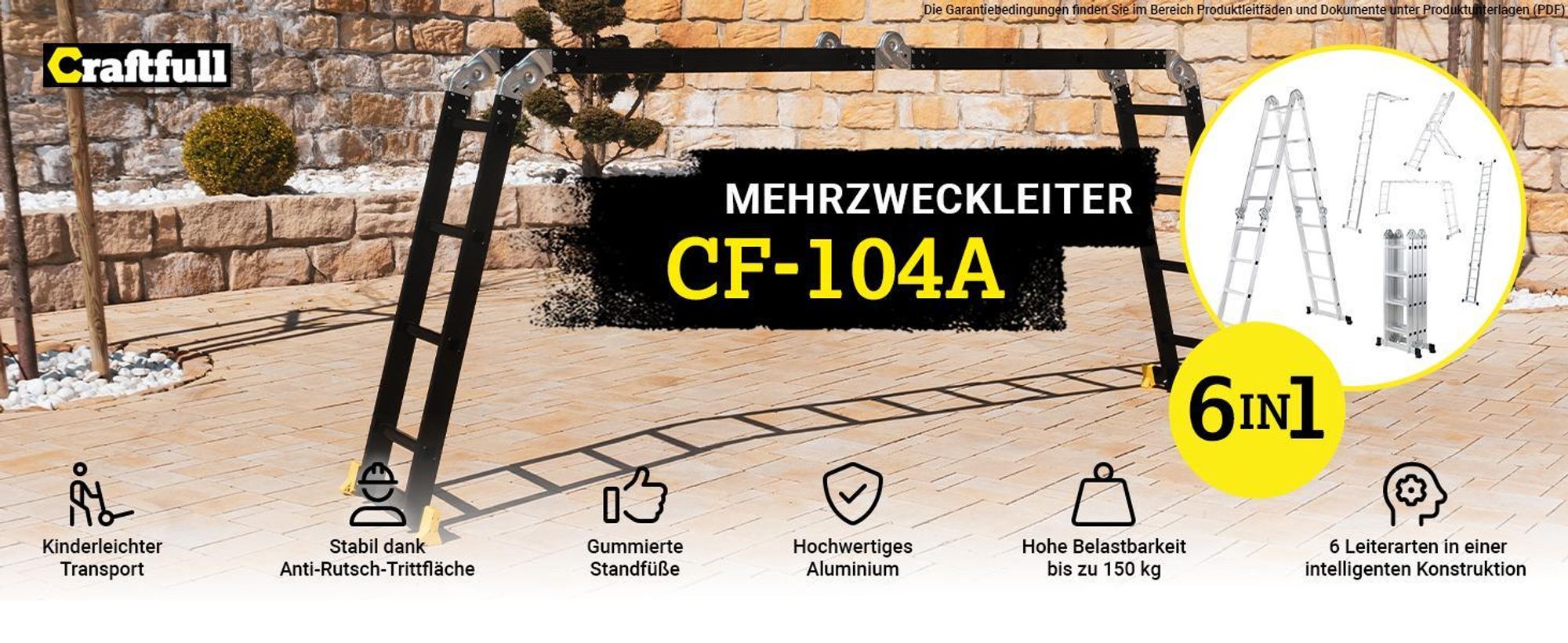 Craftfull Mehrzweckleiter CF-104A | 6in1 Leiter - Gelenkleiter aus Aluminium - Anti-Rutsch Klapp- & Stehleiter - Multifunktionsleiter (4x3 Sprossen)