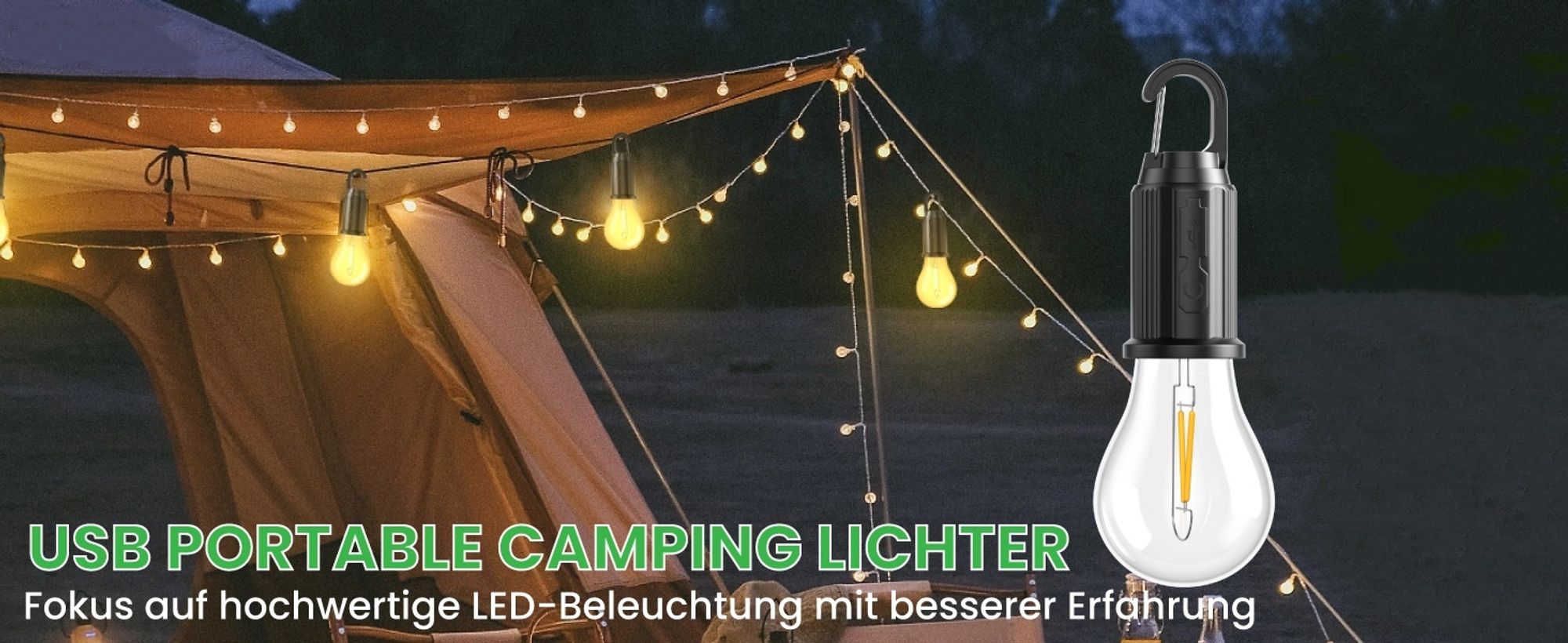 2 Stück Campinglampe, Camping Lights, LED Campinglampe Aufladbar, LED Tragbare Zeltlampe Notlicht mit Karabiner Wasserdicht für Camping, Abenteuer