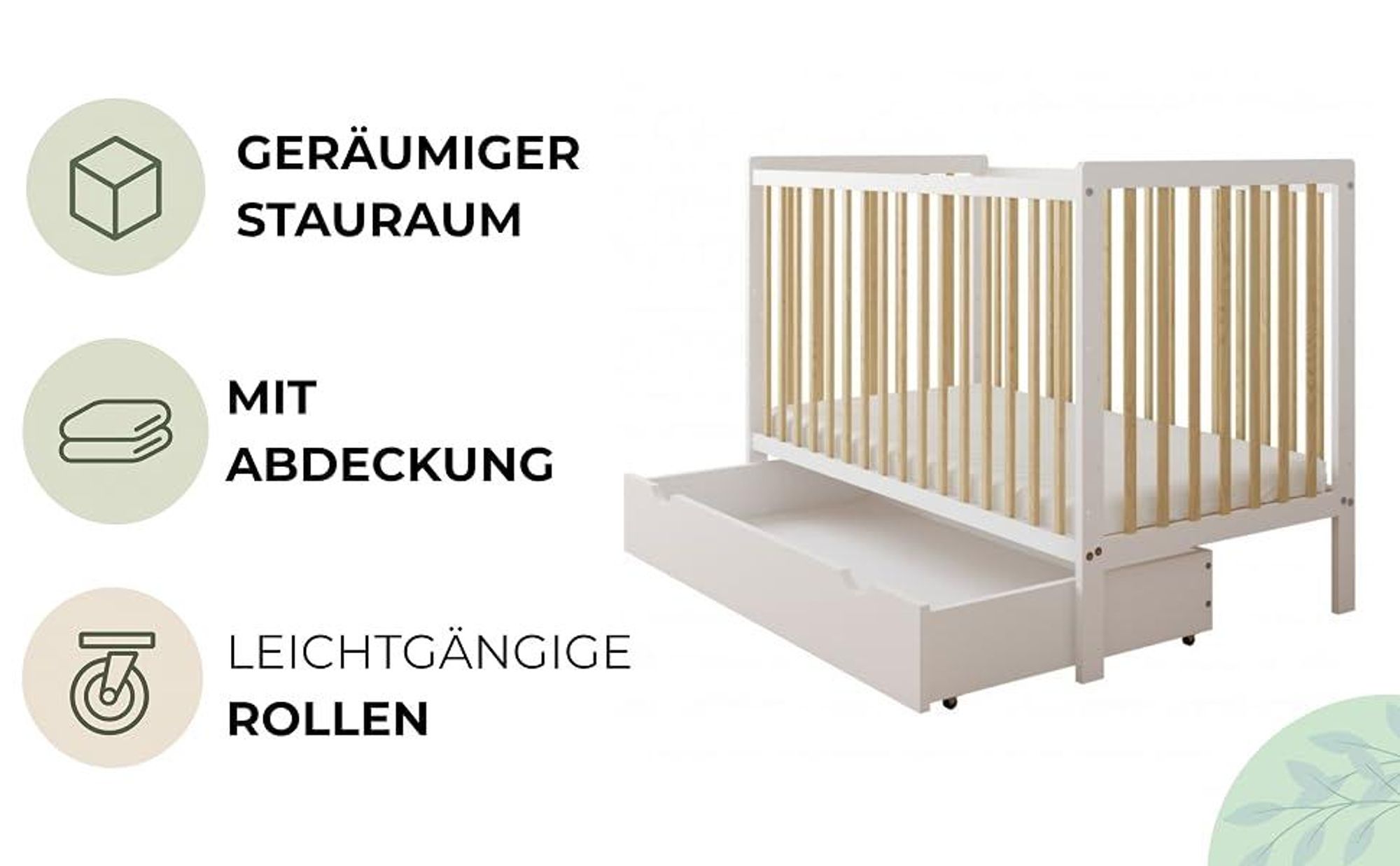 ZEE LUMI Mint Babybett 120x60 cm mit Schublade & Schutzgitter 2in1 Kinderbett aus Kiefernholz Höhenverstellbar EN 716 Juniorbett Umbau