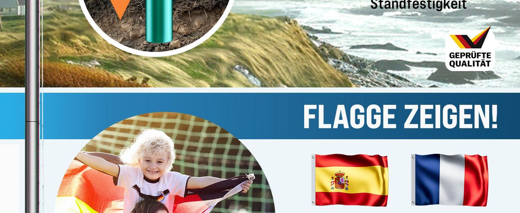 MONZANA® Fahnenmast 6,5m Seilzug Bodenhülse inkl. Spanien Flagge Spanische Nationalflagge Fahne höhenverstellbar Flaggenmast Aluminium Teleskop Fahnenstange