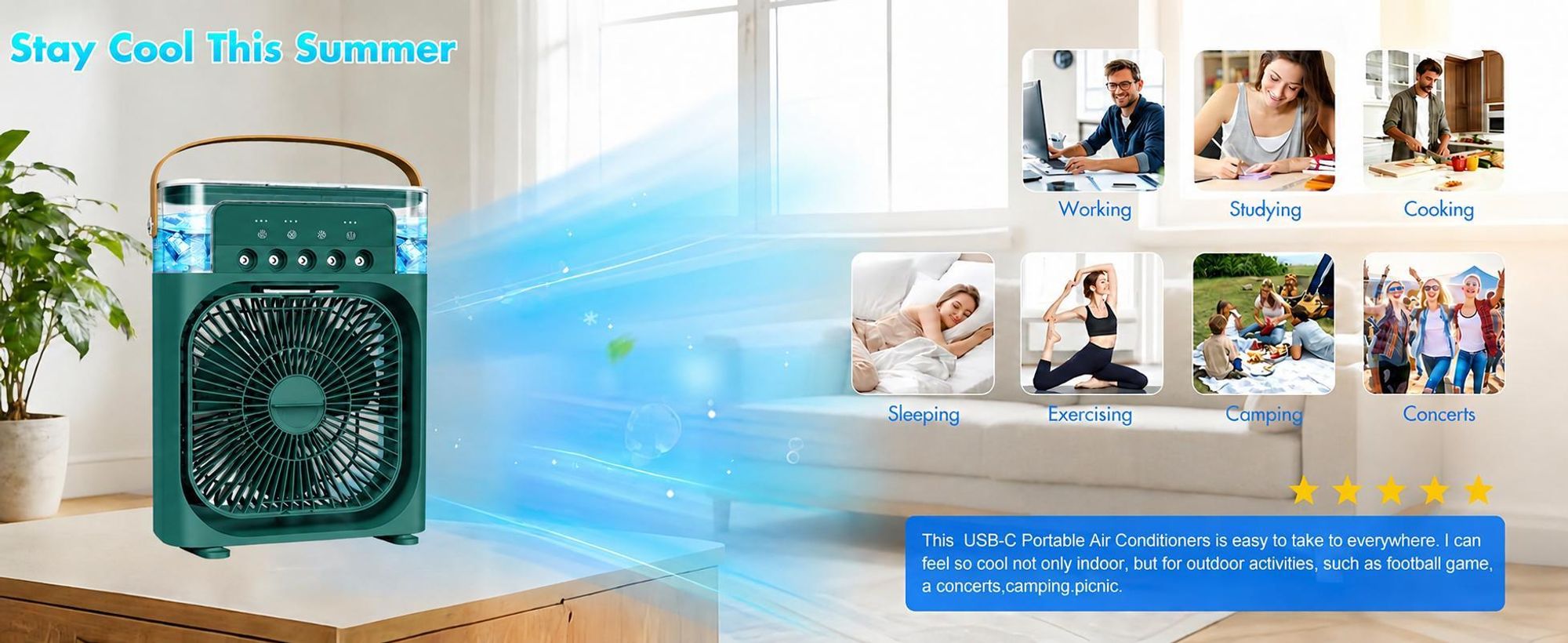 4 in 1 Tragbare Klimaanlagen,Ventilator,3 Geschwindigkeiten,5 Sprüharten,Timer,Luftbefeuchter mit 600ml-Wassertank,USB-Ladefunktion Luftkühler,leiser