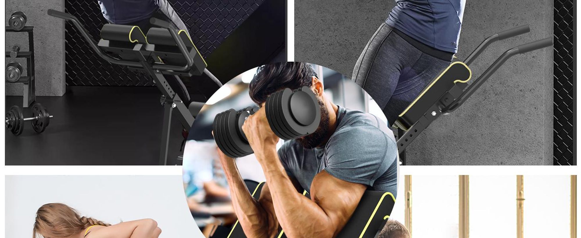 DH FitLife 5-en-1 Banc de musculation réglable, Rameur, Banc de Hyperextension, Abdominaux et Dips | Compact et Pliable, Charge max. 150kg