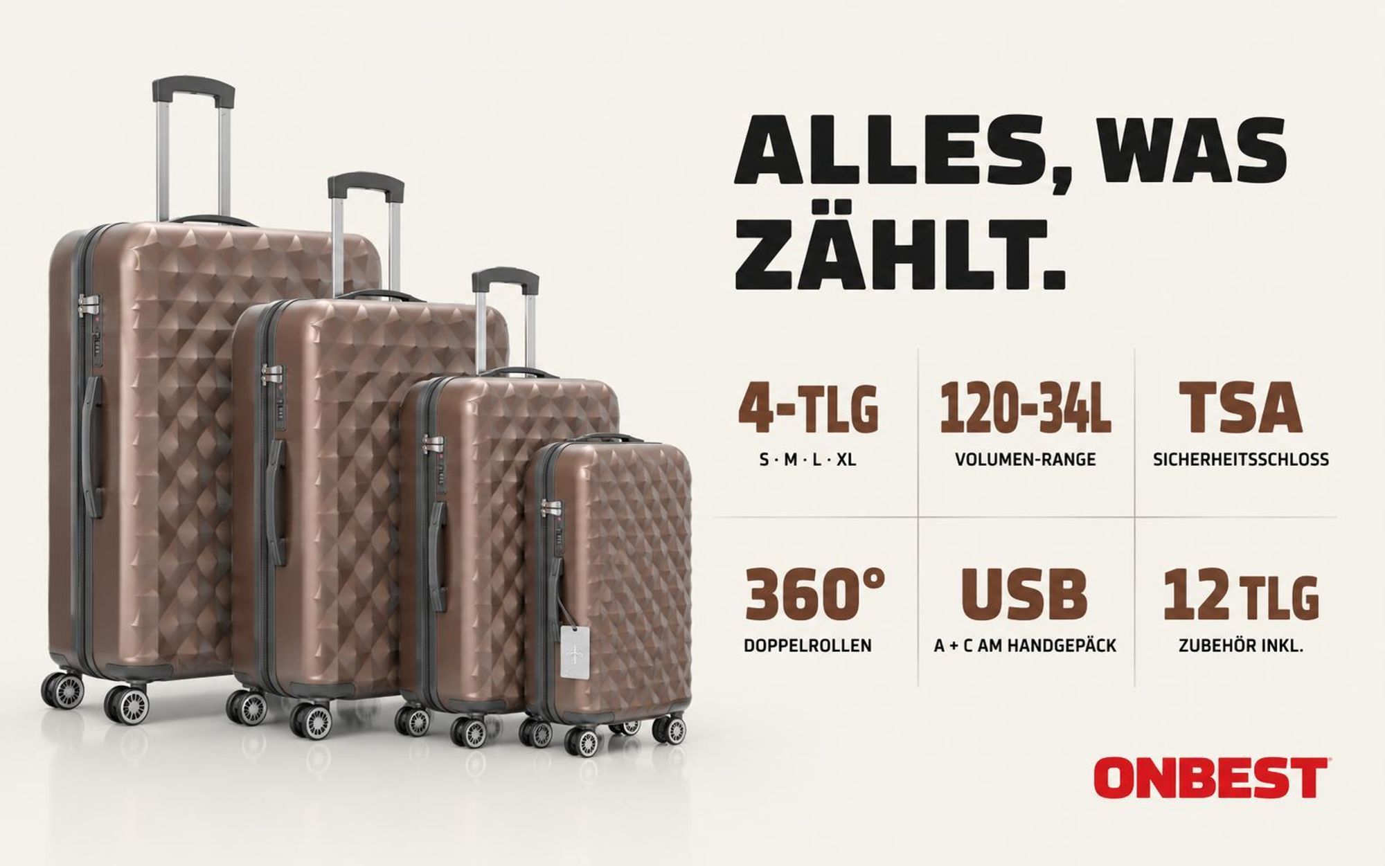 ONBEST Hartschalen Koffer Set | 4-teilig | Braun | mit TSA-Schloss | USB-Anschluss | viel Zubehör | 360° Doppelrollen