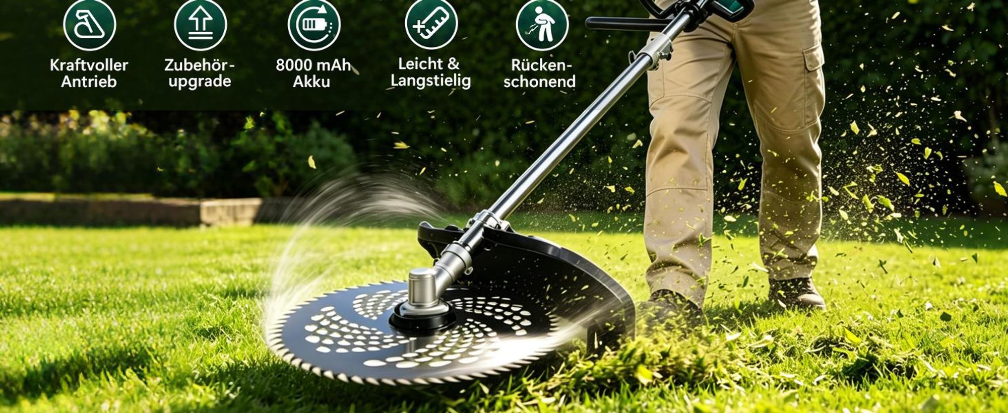 950W Akku Rasentrimmer mit 2×4000mAh 21V Akkus, 10 Zoll Schnittbreite, Bürstenloser Motor Freischneider mit Unkrautbürste & 4 in 1 Messern + Ladegerät