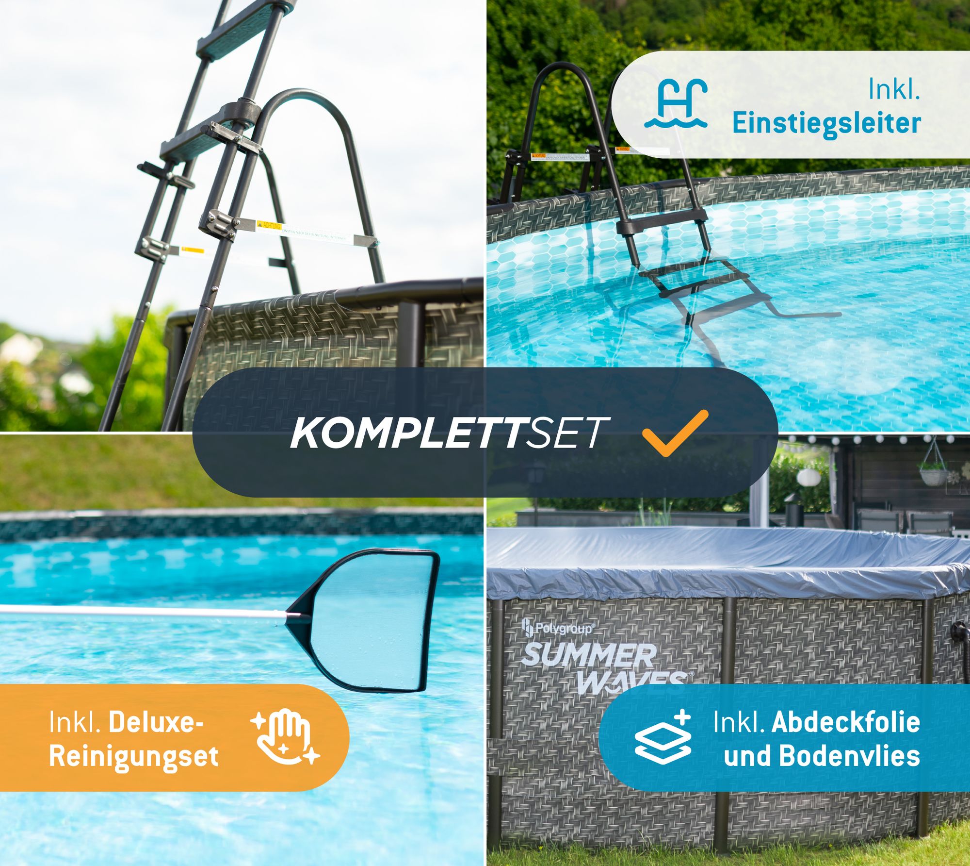 Summer Waves Elite Frame Pool Aufstellpool rund Komplettset Rattanoptik grau Ø 488x122 cm