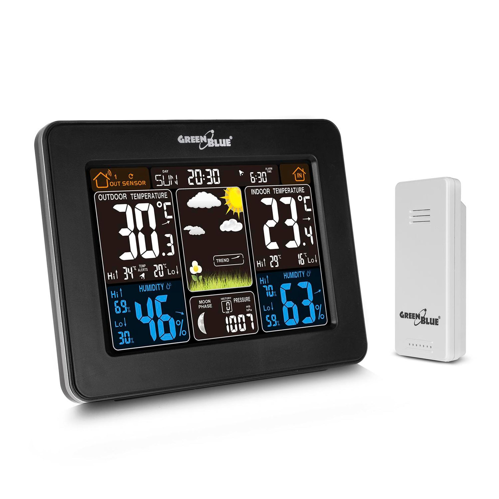 Wetterstation Alarm Wecker Farbdisplay Innen Außen Temperatur GreenBlue GB523