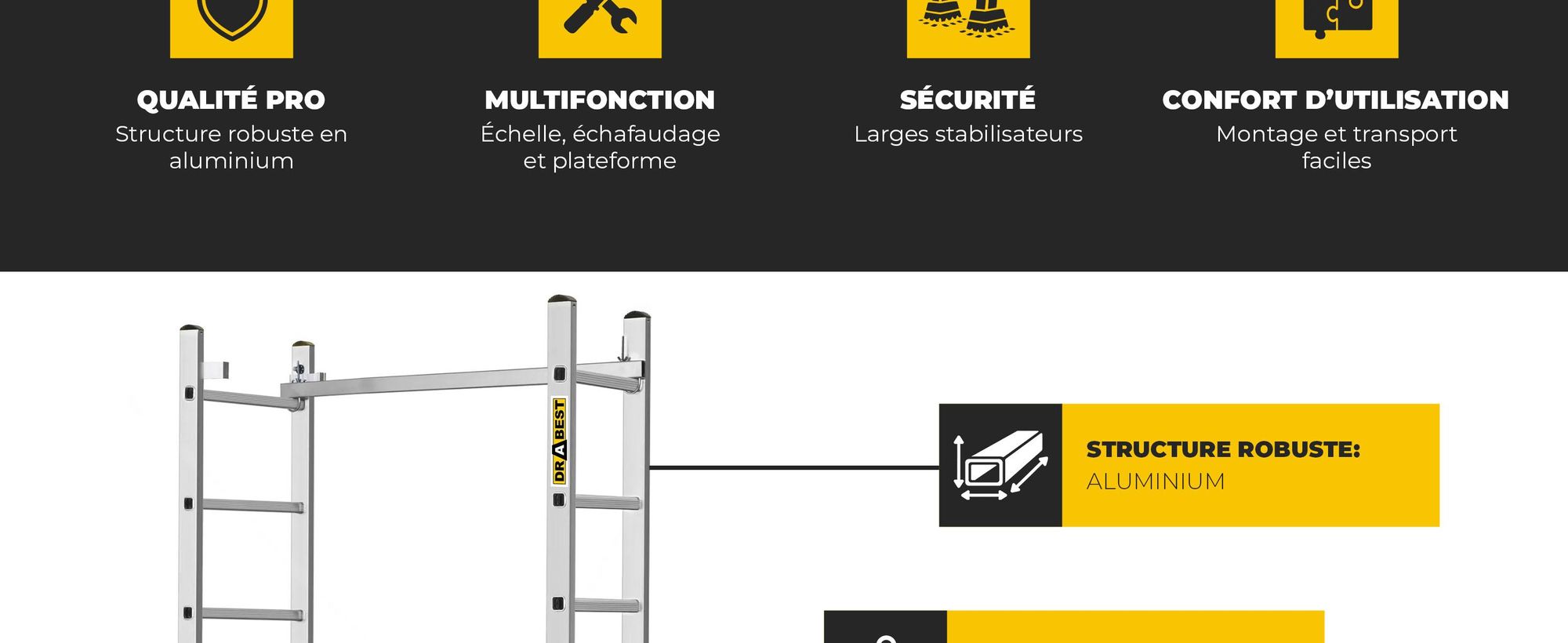 Drabest | Échafaudage Aluminium 2x8 - 33x114 cm - Multifonctionnel - Antidérapant - Léger et Pratique