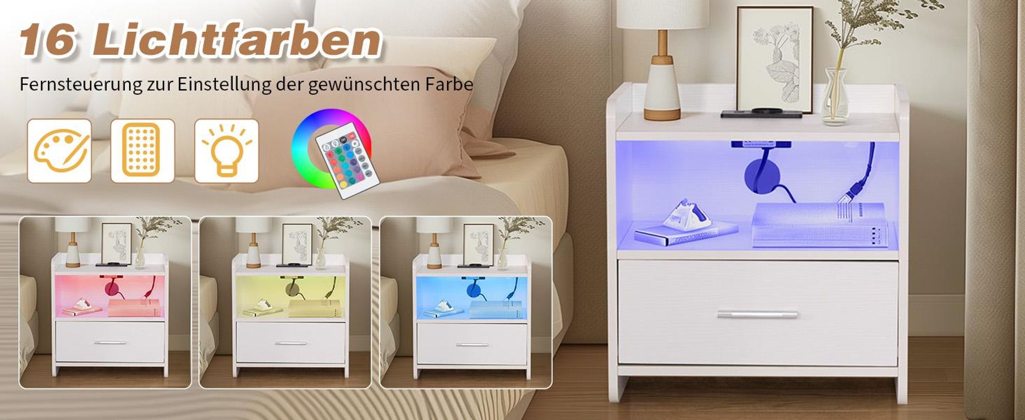 FCH Nachttisch Beistellschrank Nachtschrank mit LED-Beleuchtung,16 LED Farben mit Ladestation und USB-Anschlüssen, Weiß