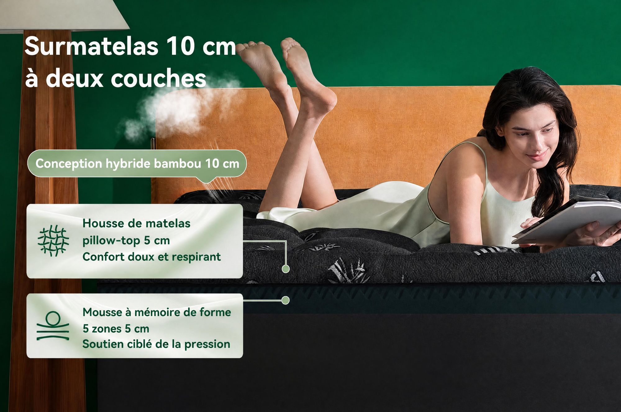 NicePlus, surmatelas 2 en 1, 140x200x10 cm, mousse à mémoire de forme à 5 zones + garniture supérieure en bambou, avec élastiques d'angle pour tous les matelas, fermeté H2/H3, couleur noire
