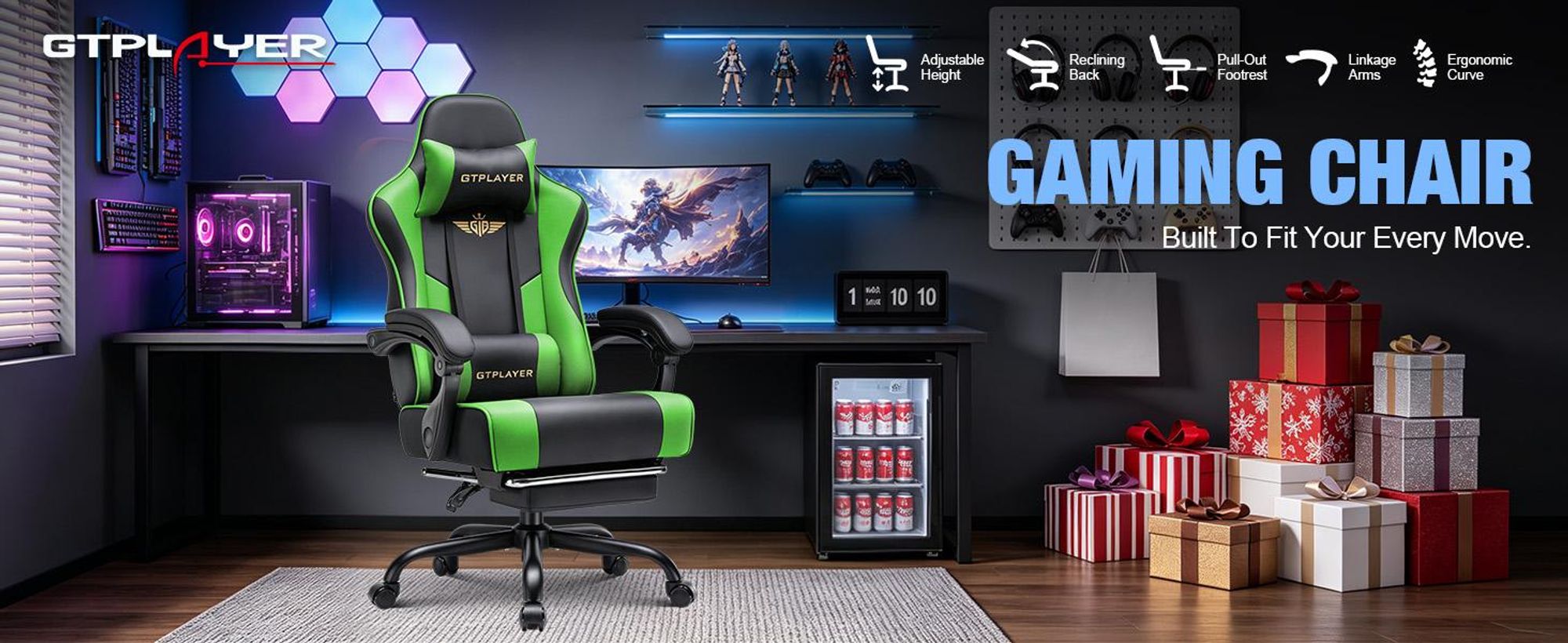 Fotel gamingowy GTPLAYER – ergonomiczny fotel dla graczy z podnóżkiem, zagłówkiem i podparciem lędźwiowym, z regulacją wysokości, kolor zielony