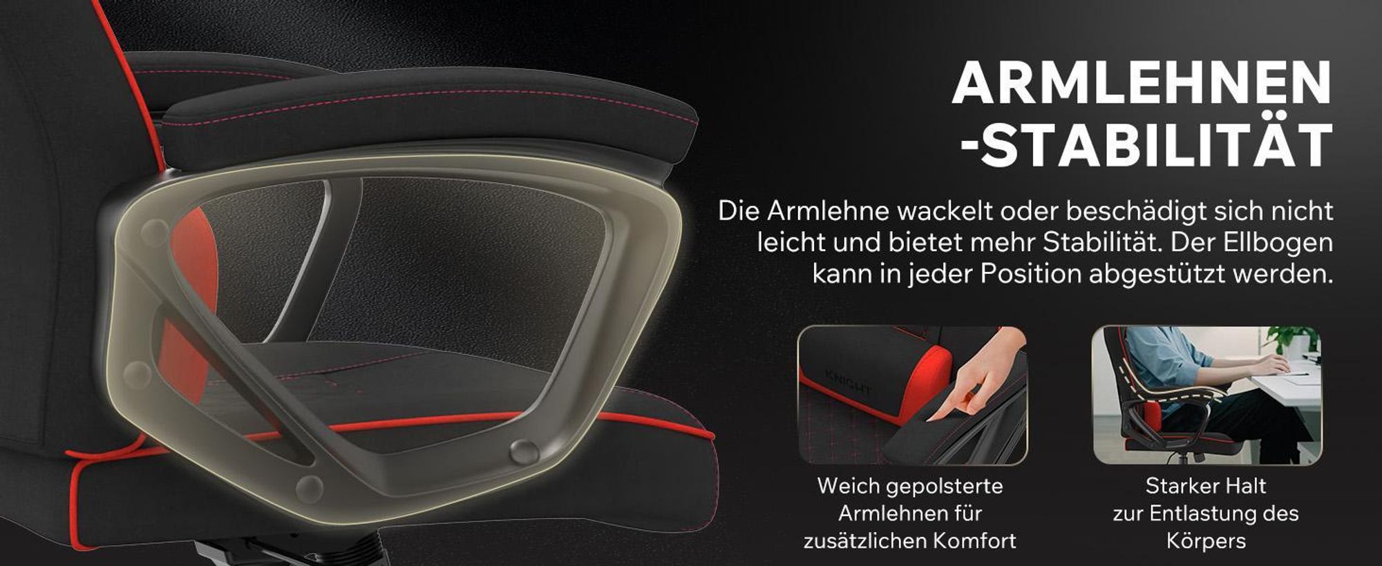 SENSE7 Knight Gaming Stuhl aus Stoff Schwarz-Rot - Ergonomischer Bürostuhl Schreibtischstuhl Stoff Computerstuhl Gamer Racing Stuhl 120 kg