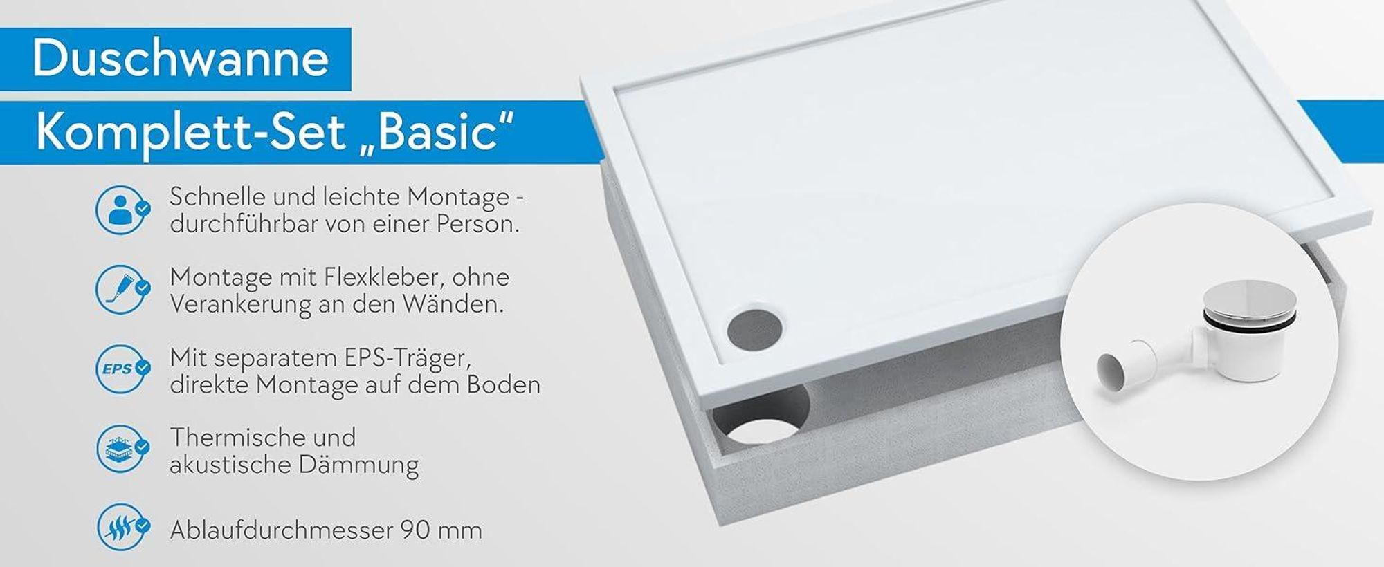 AQUABAD® Duschwanne Komplettset Basic Smooth White 80x120cm Rechteck inkl. Styroporträger und Ablaufgarnitur Alcadrain A49CR