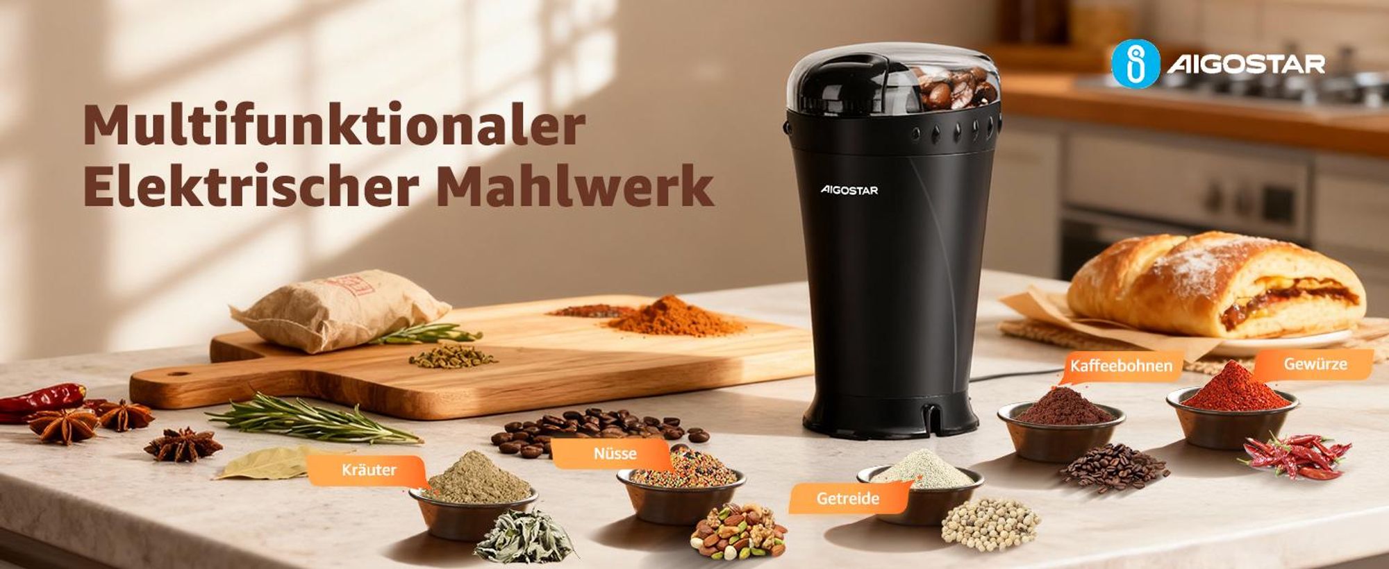 Aigostar - Kaffeemühle, Elektrisch Gewürzmühle Kaffee Mühle, Elektrische Propellermühlen