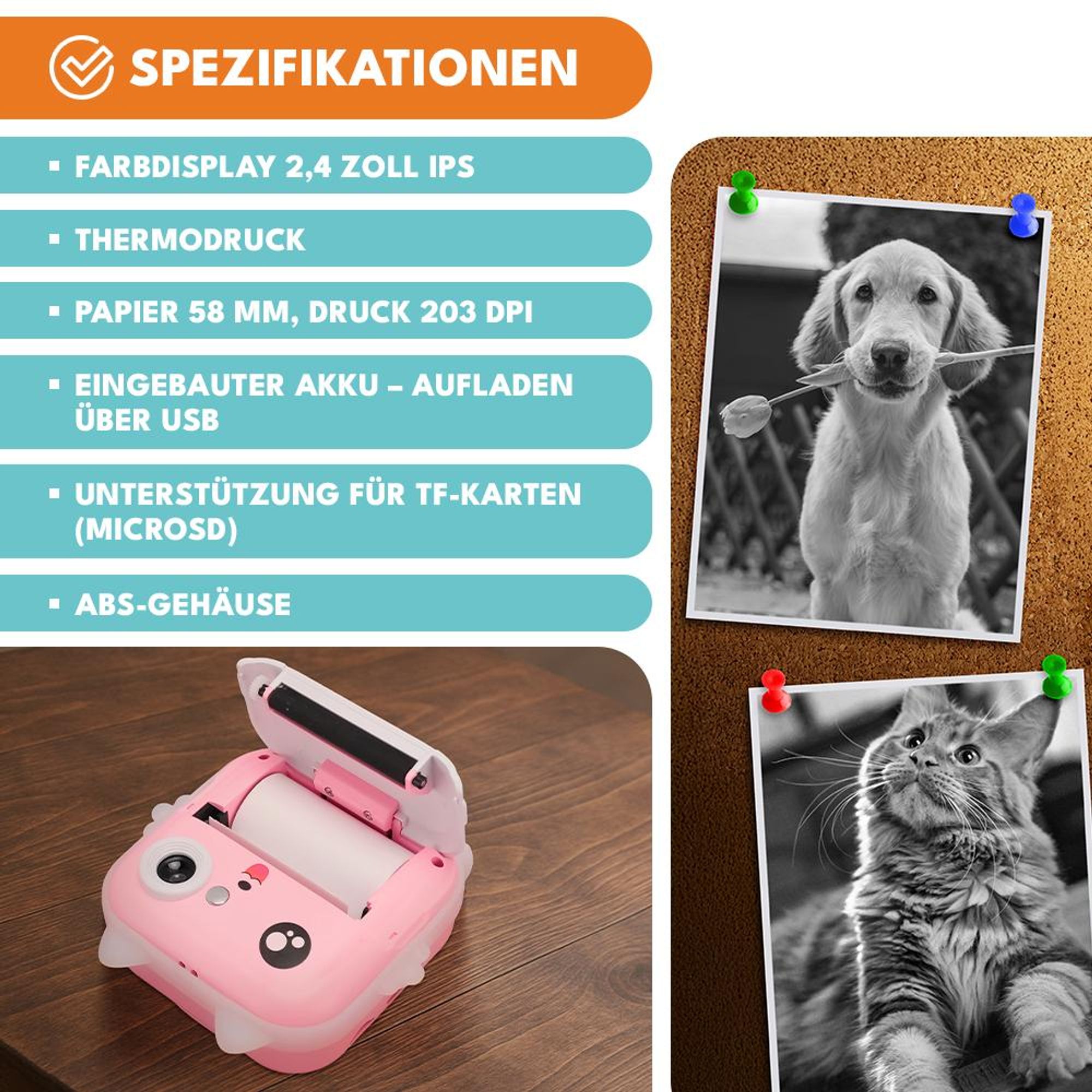 KRUMAD Mini Sofortbildkamera mit Drucker - 2in1 Kinderkamera & Fotodrucker, Bluetooth, Spiele, Video/Musik, Smartphone-Druck