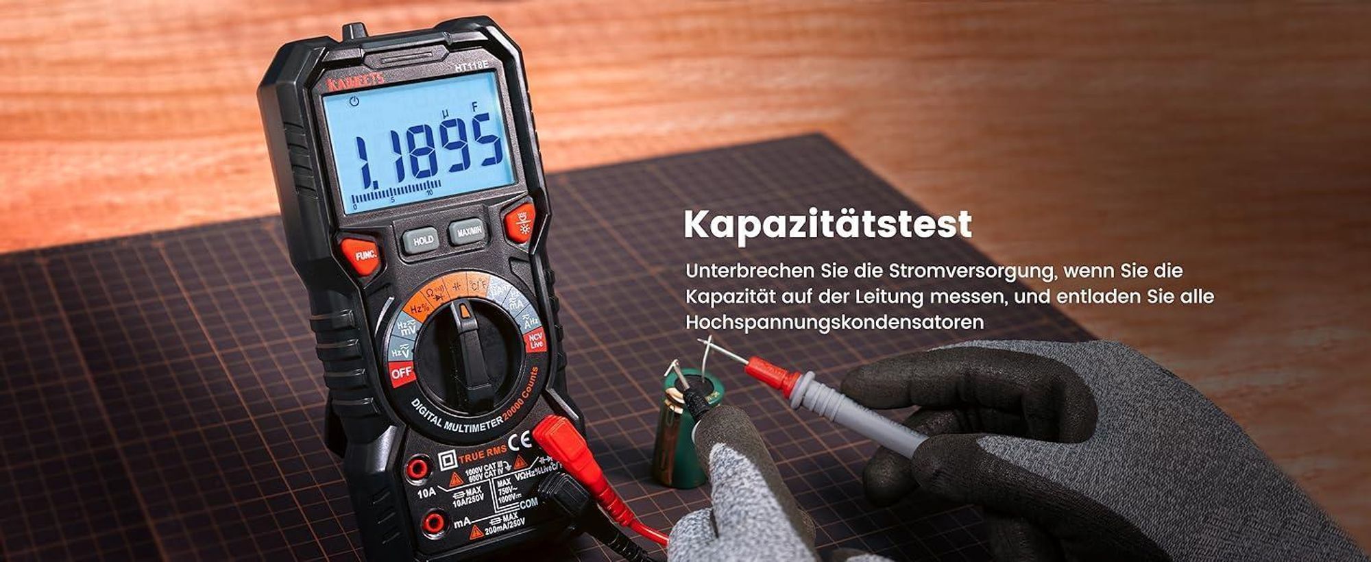 Digital Multimeter mit LED-Buchsen, KAIWEETS HT118E Strommessgerät, True RMS Auto-Range 20000 Zähler, misst Spannung,Kapazität, Temperatur, Widerstand