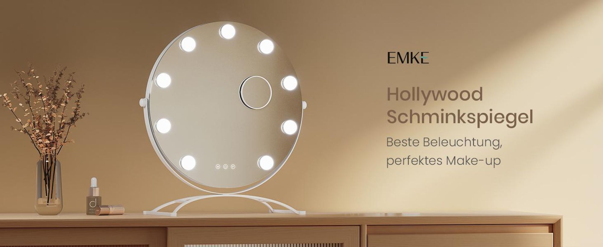 EMKE Kosmetikspiegel Hollywood 47X40cm Rund Schminkspiegel mit LED Beleuchtung und Vergrößerung 7x, 3 Lichtfarben Dimmbar, Weiß