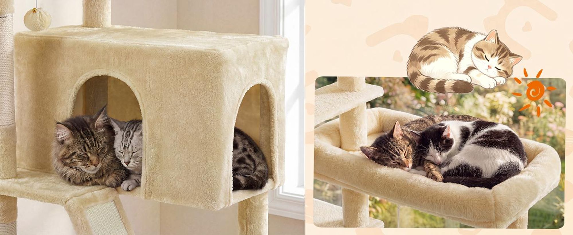 FEANDREA Kratzbaum für Große Katzen, Stabil mit 6 Ruhebereichen und Sisalstämmen, 105 x 45 x 188 cm, Beige