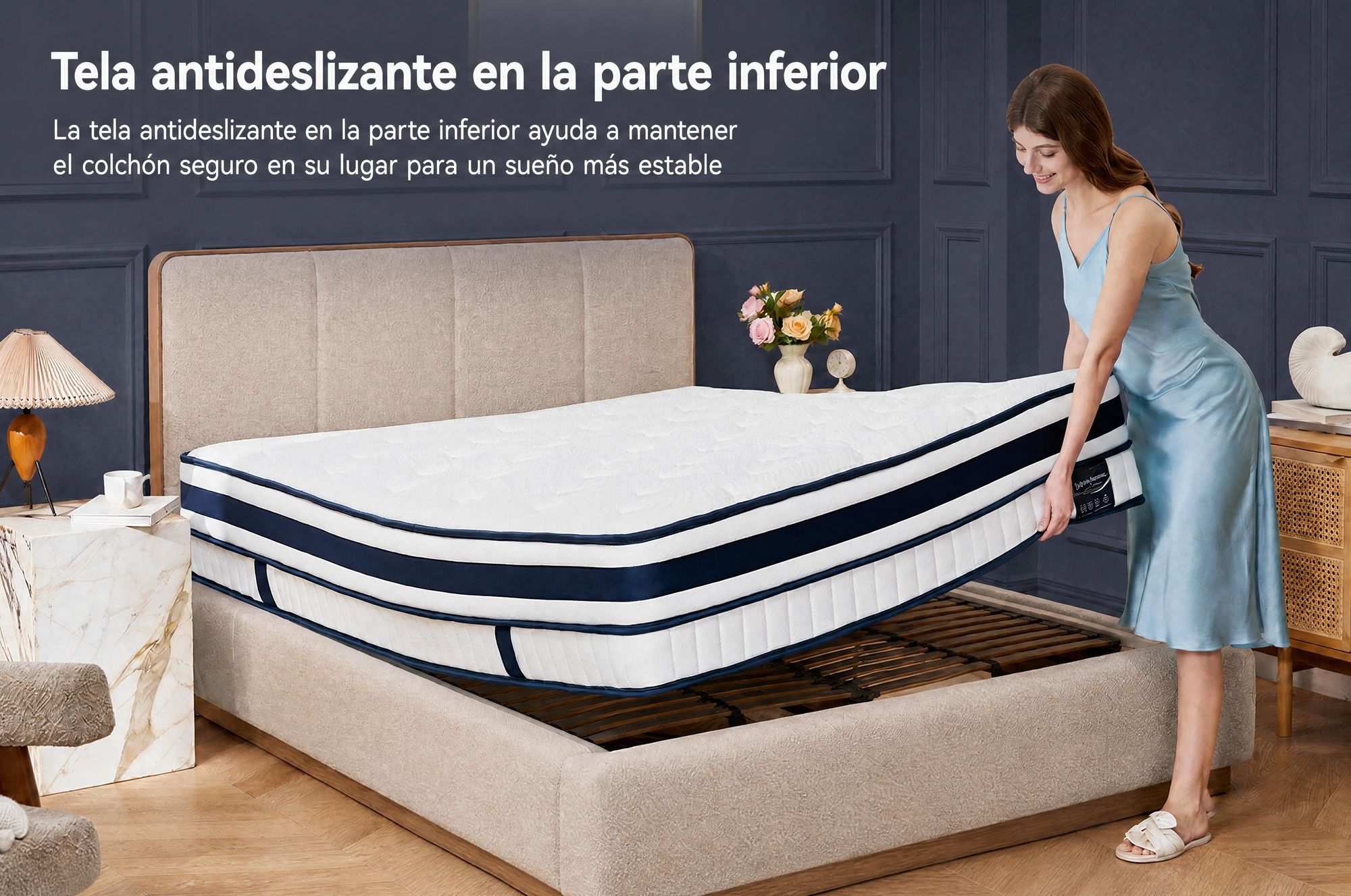 Colchón de 90x200 cm, con una altura de 30 cm, que incluye un acolchado superior integrado, y un sistema de muelles ensacados de 7 zonas, con firmeza H3/H4