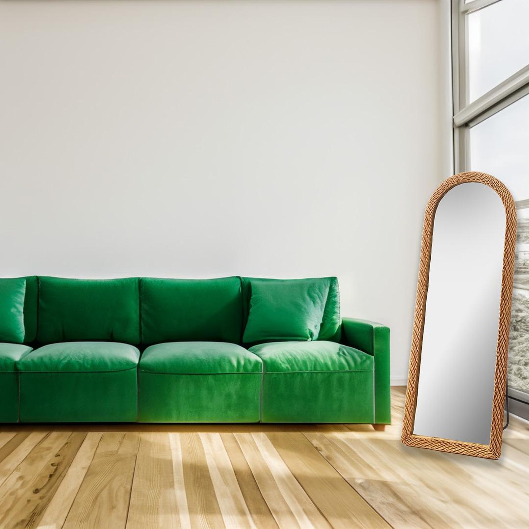 Kobolo Spiegel Standspiegel - LIAM - mit Rahmen aus geflochtene Weide - natur - Ganzkörperspiegel groß modern Wohnzimmer Ankleidezimmer Bodenstehend