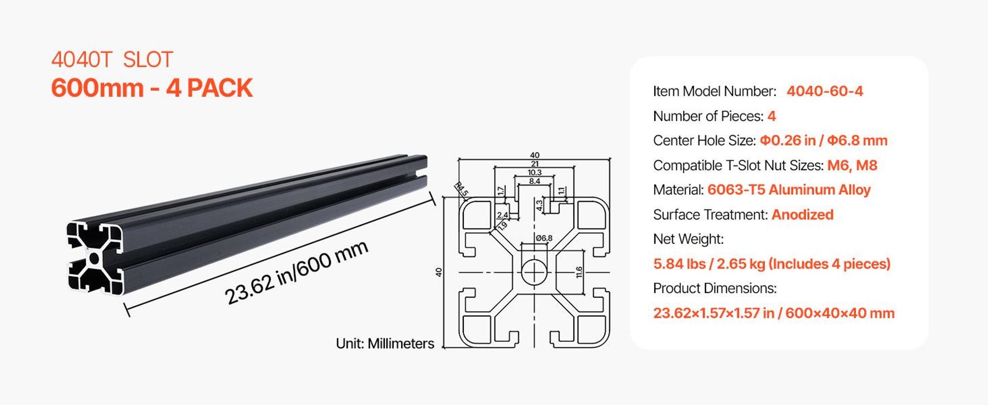 VEVOR 4PCS 39,4 in (1000mm) T Slot 4040 Aluminium-Extrusionsprofil, Europäischer Standard anodisierte Linearführung, hochfester extrudierter Aluminium-Schienen für 3D-Drucker, CNC-Maschinen DIY, Lasergravur, Schwarz, 4040 Serie-a, 600 mm