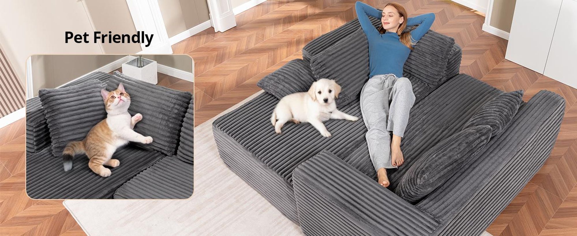 COMHOMASofa Big-Sofa, L-förmige Sofa, Couch Ecksofa, Chaiselongue Schlafsofa mit tiefer Sitzfläche und breiten Armlehnen, Cordstoff dunkelgrau-R