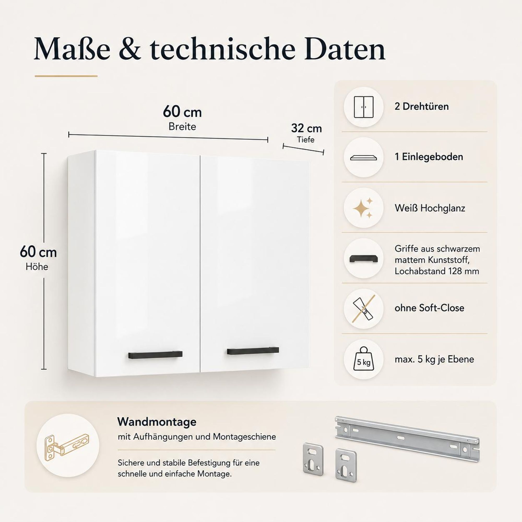 Abmessungen Hängeschrank 60x60x32 cm (BxHxT) Weiß Hochglanz. Technische Übersicht.