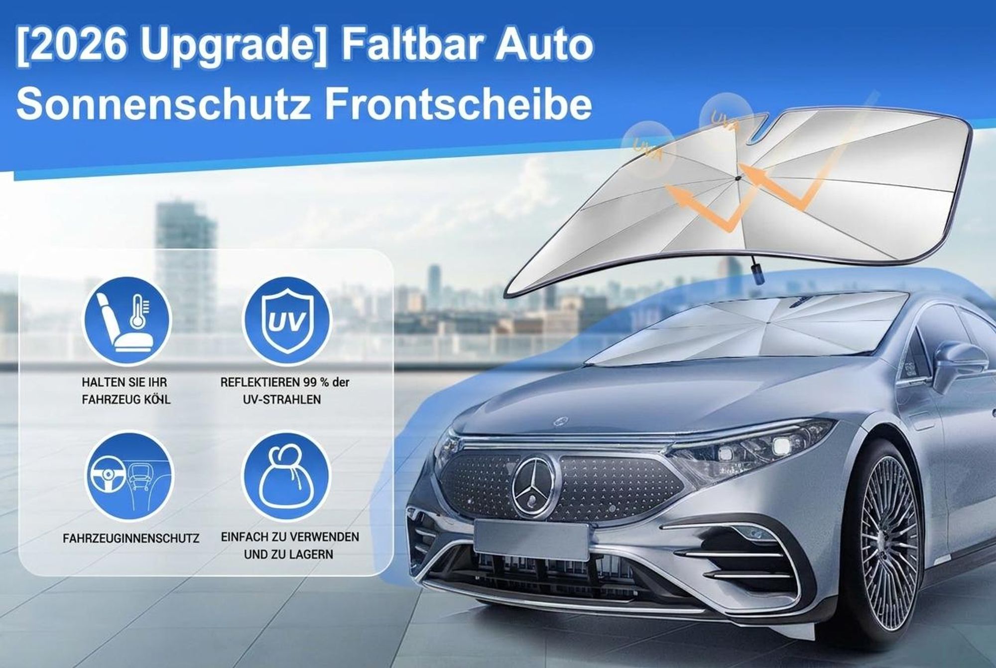 Sonnenschutz Frontscheibe innen 140 x 80 cm, Auto Sonnenschutz faltbar, mit Aussparung für Rückspiegel, UV Hitzeschutz, universell für PKW SUV LKW